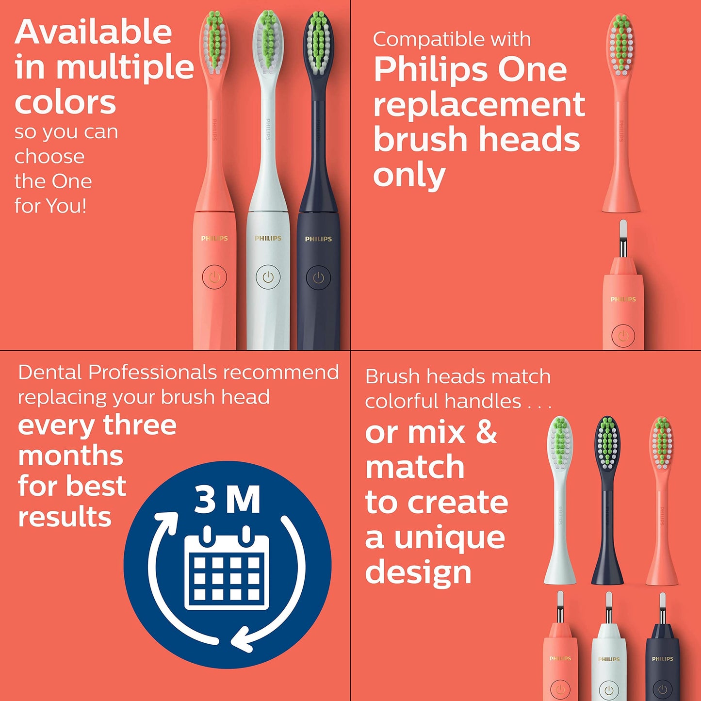 Philips Sonicare One Toothbrush, Electric Battery Powered with Sleek Travel Case and Heads, Miami Coral
