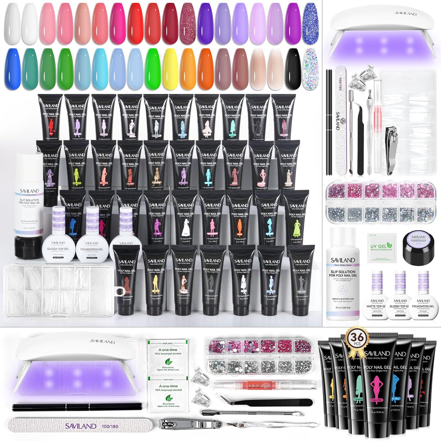 SAVILAND Hema-Free Poly Gel Nail Kit for Gift: 36 Poly Gel Nail Colors with Slip Solution Mini U V Lamp Curing Light All-in-1 Starter Kit for Quick Extension Home Salon DIY, Manicure Set Supplies Tool