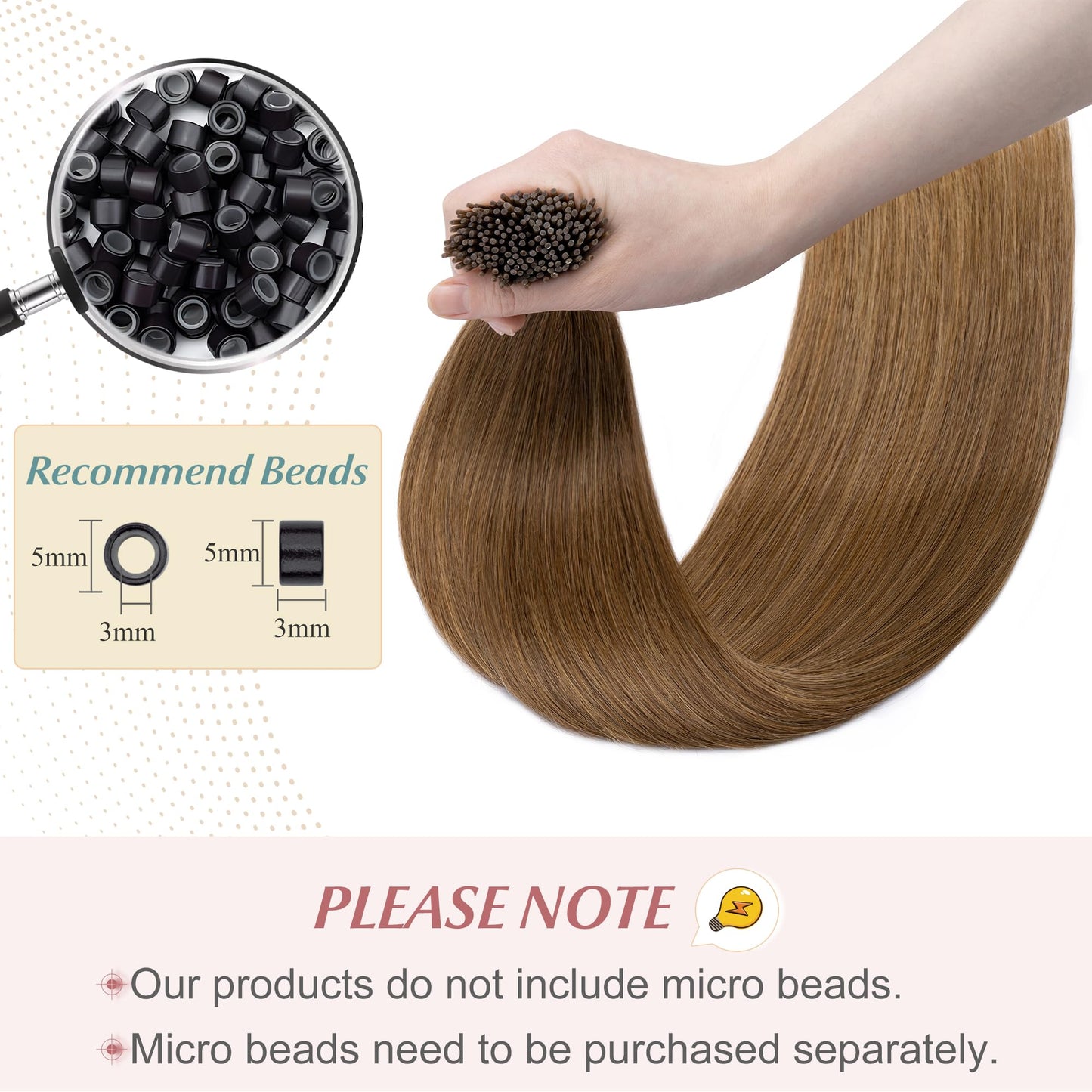SEGO I Tip Hair Extensions Human Hair Keratin Pre Bonded MicroBeads Tip Balayage Natural Silky Straight Extensions 100 Strands 50g/Pack -16 Inch Light Brown