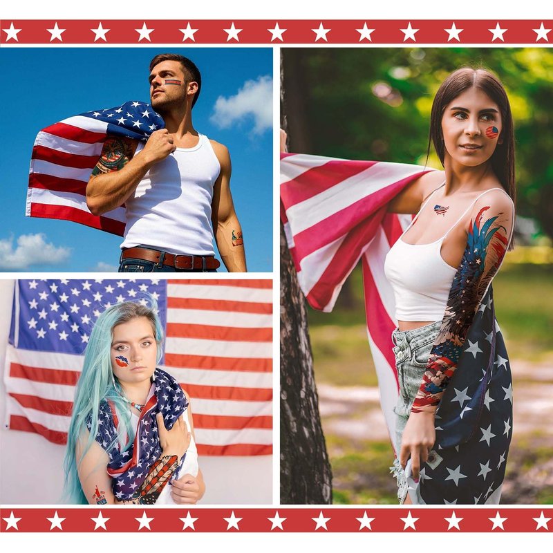 32 Sheets Independence Day Temporary Tattoos, USA Flag Patriotic Waterproof Fake Tattoos, Red White Blue Party Supplies Temp Tattoo Kits 4th of July Memorial Day, Veterans Day, Summer Festivals