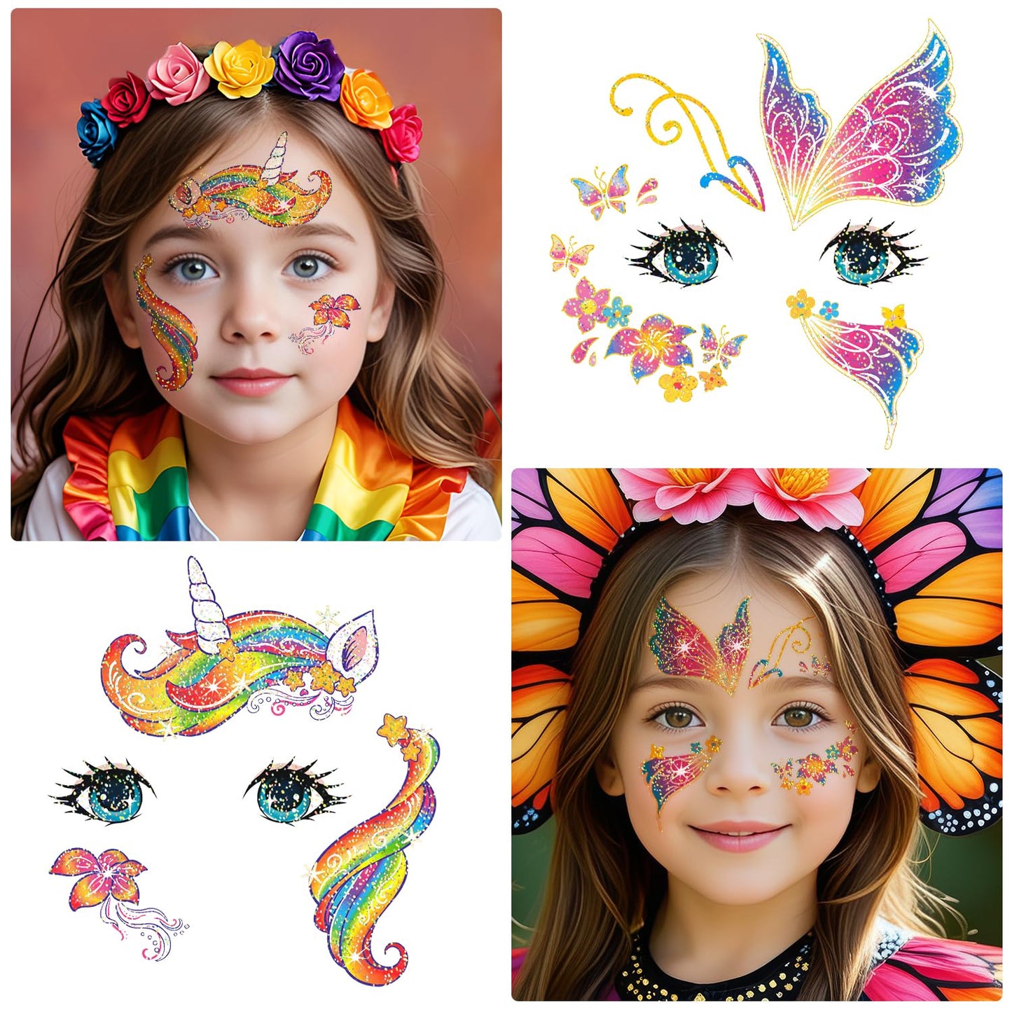 Leesgel 24 Sheets Glitter Face Tattoos for Kids - Face Paint Tattoos for Boys Girls Birthday, Party Favors, Prizes for Kids Classroom, Trick or Treat, Goodie Bag Stuffers, Stocking Stuffers and Gifts