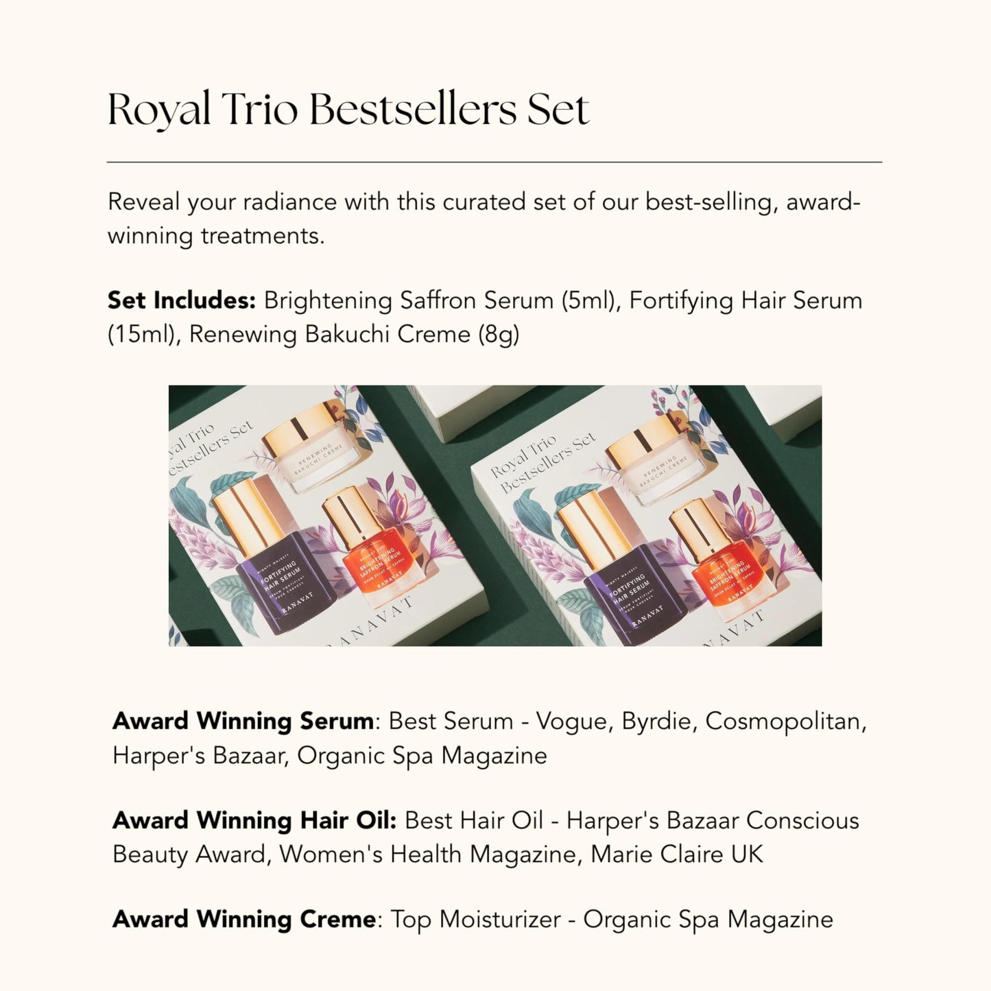 RANAVAT Royal Trio Travel Size Gift Set - Set Includes Brightening Saffron Face Serum, Renewing Bakuchi Face Cream & Fortifying Hair Serum - Clinically Tested Vegan Skincare & Haircare (3 Count)