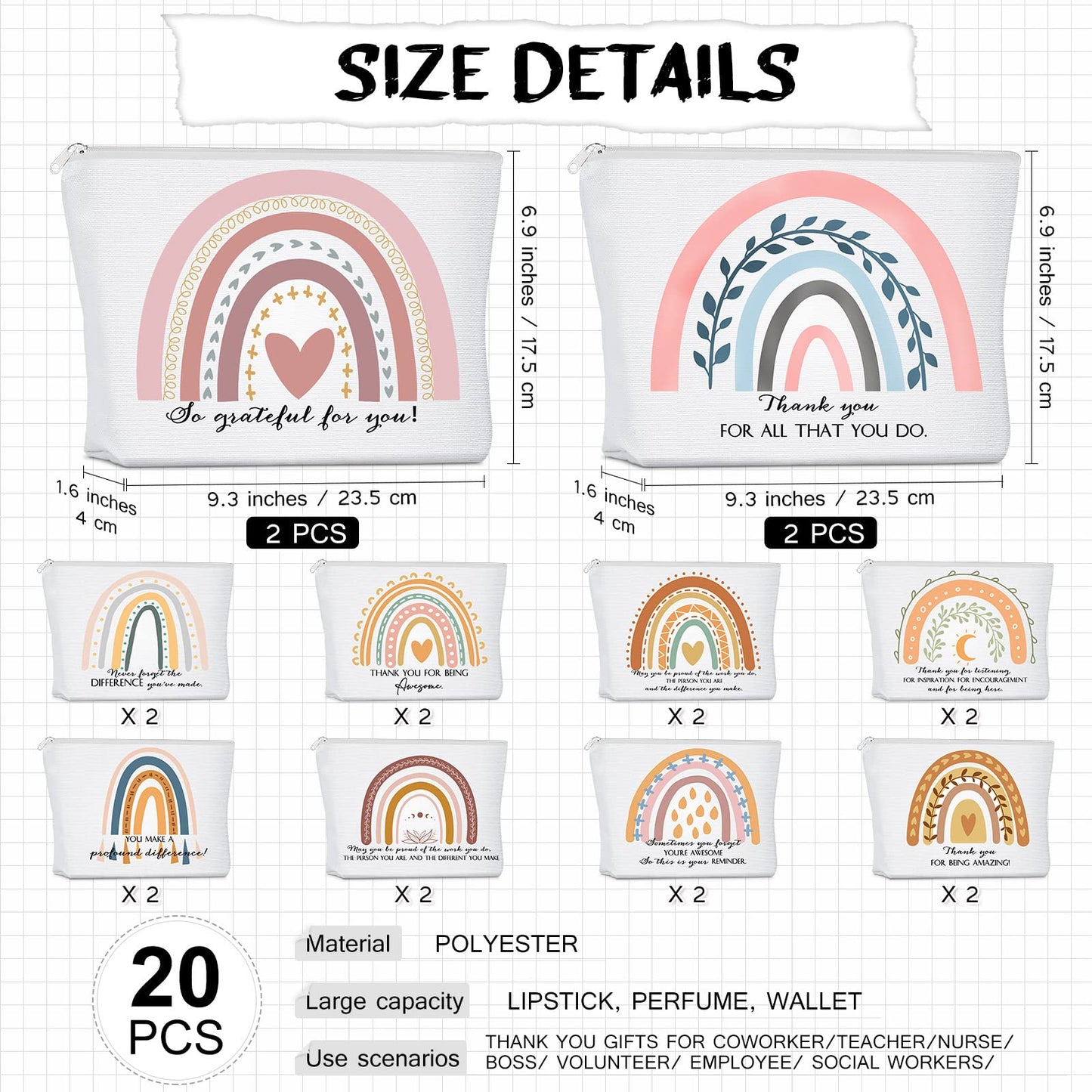 Sieral 20 Pcs Canvas Makeup Bags Inspirational Cosmetic Bag Pouch with Zipper Appreciation Gifts for Women Coworker Team Staff Travel Birthday(Rainbow)
