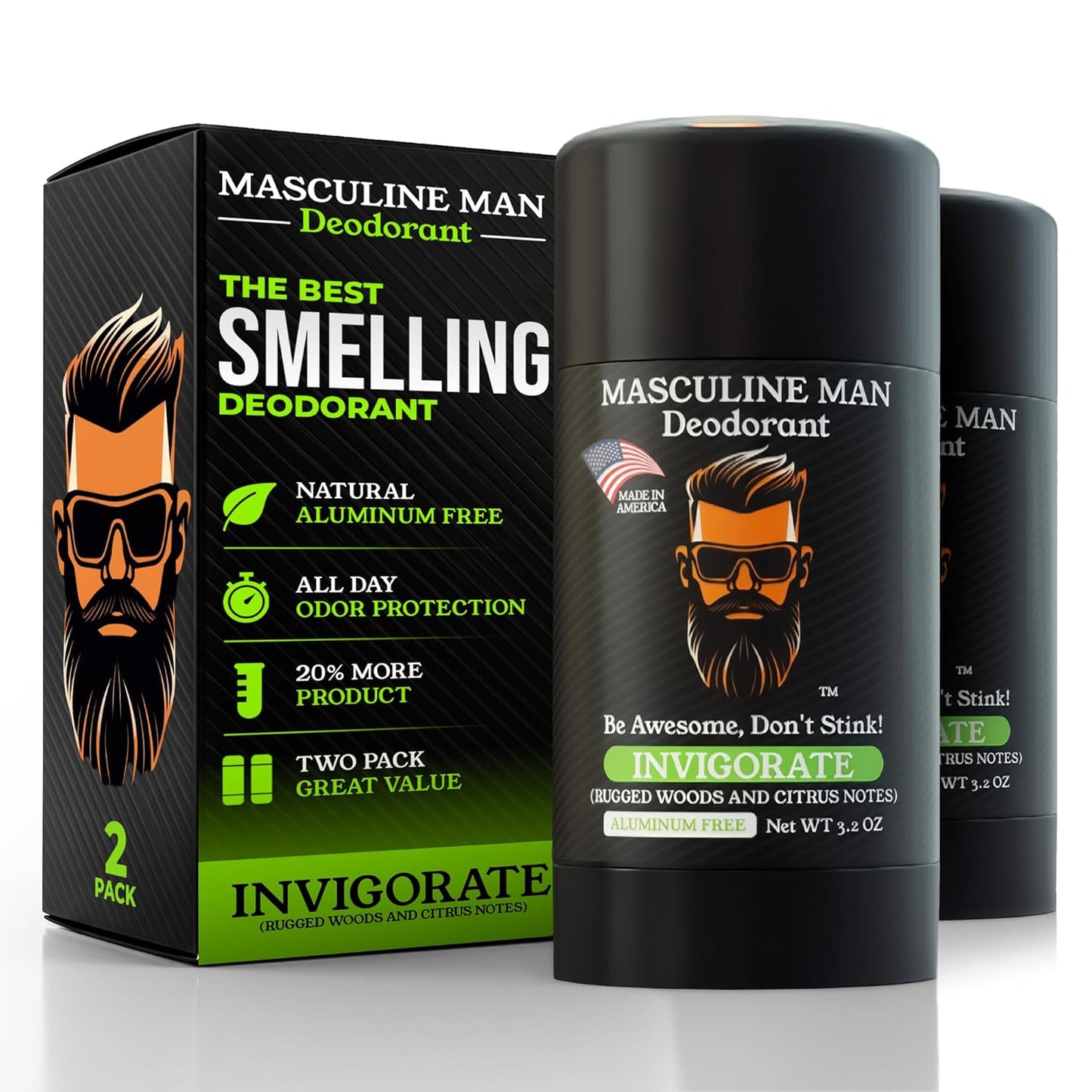 Aluminum-Free Men's Deodorant - Natural Sweat Protection | Stain-Free Stick, 3.2oz (Pack of 2)
