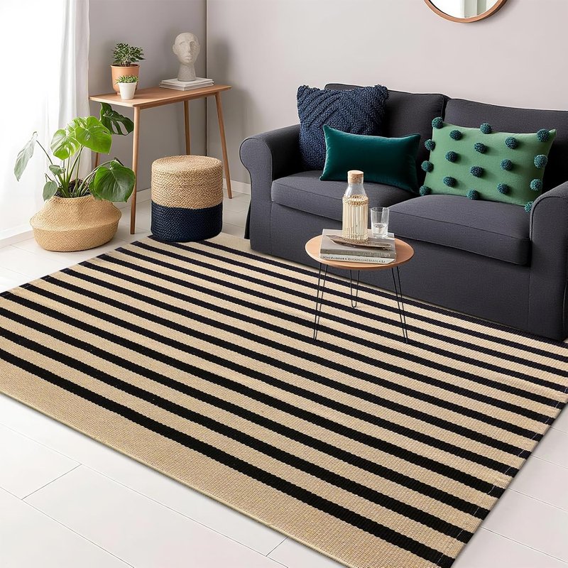 Brown and Black Striped Rug | 4' x 6' Washable Cotton Doormat for Indoor & Outdoor Use