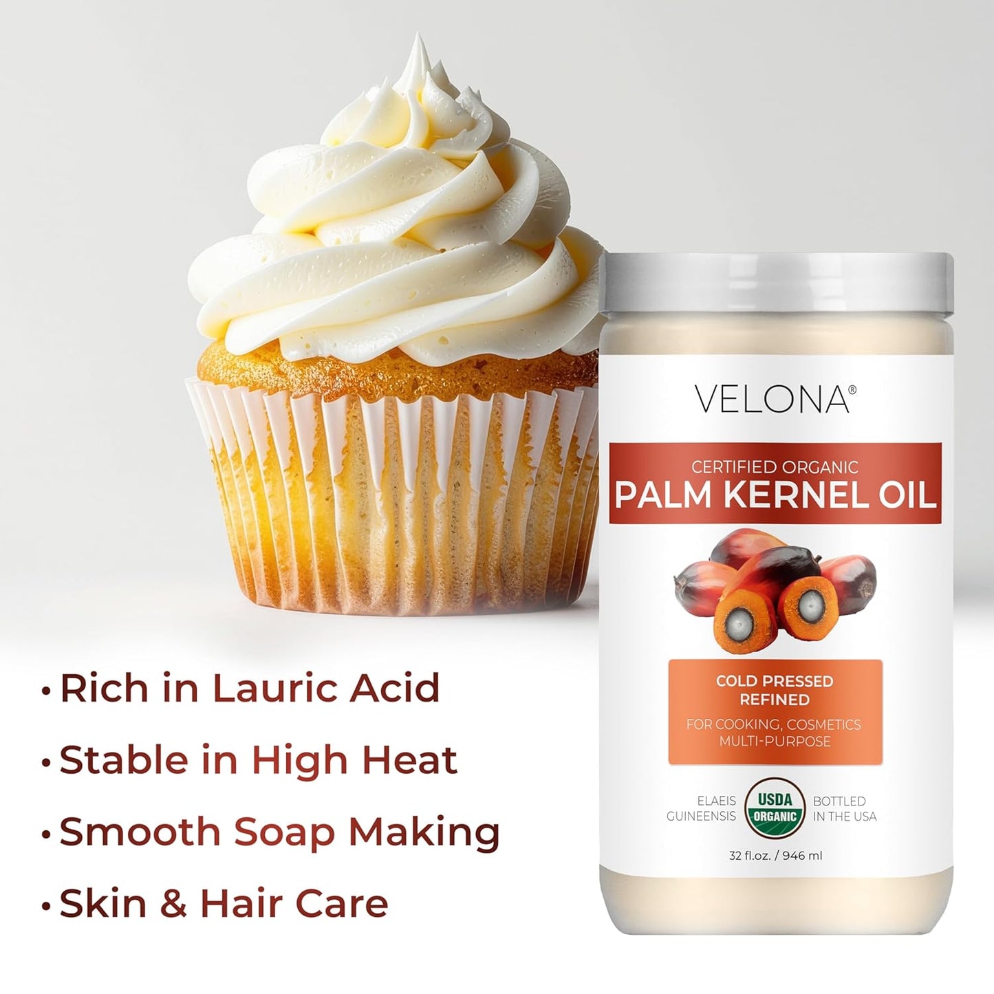 Organic Palm Kernel Oil - 100% Pure Cold Pressed Carrier Oil | 32 Fl Oz for Face, Hair & Skin Care