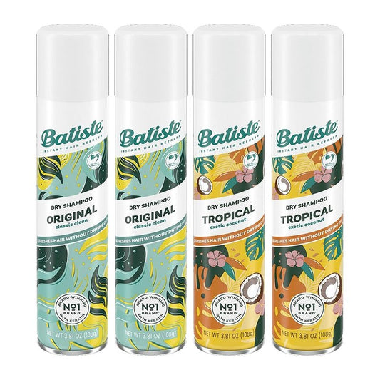 Batiste Dry Shampoo Spray 4-Pack Variety Mix, Original Clean and Classic and Tropical Fragrance, 2 Each 6.73 Ounces