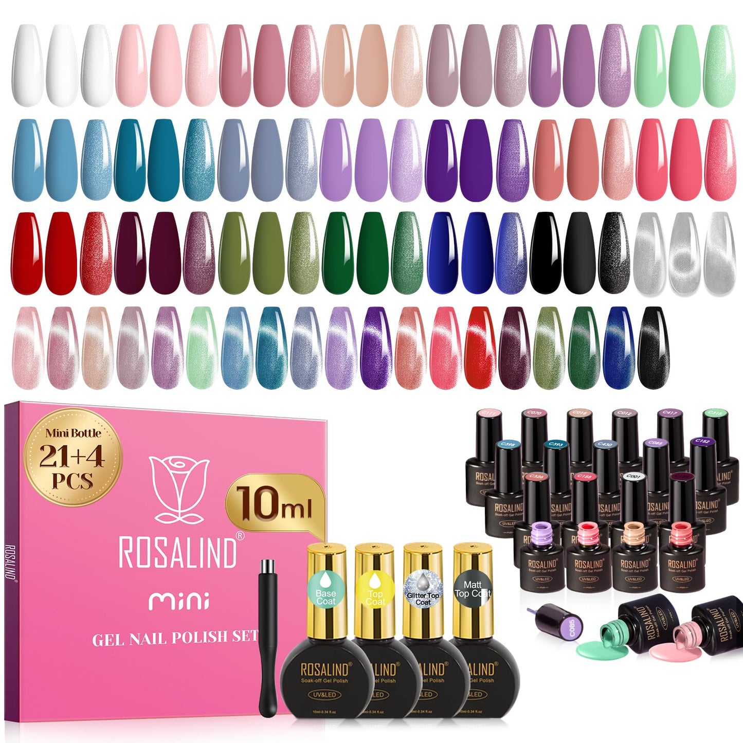 ROSALIND 30PCS Gel Nail Polish Set with Base Glossy Matte and Glitter Top Coat Gel Polish, Green Pink Fall Winter Gel Nail Set Soak Off Gel Polish Set