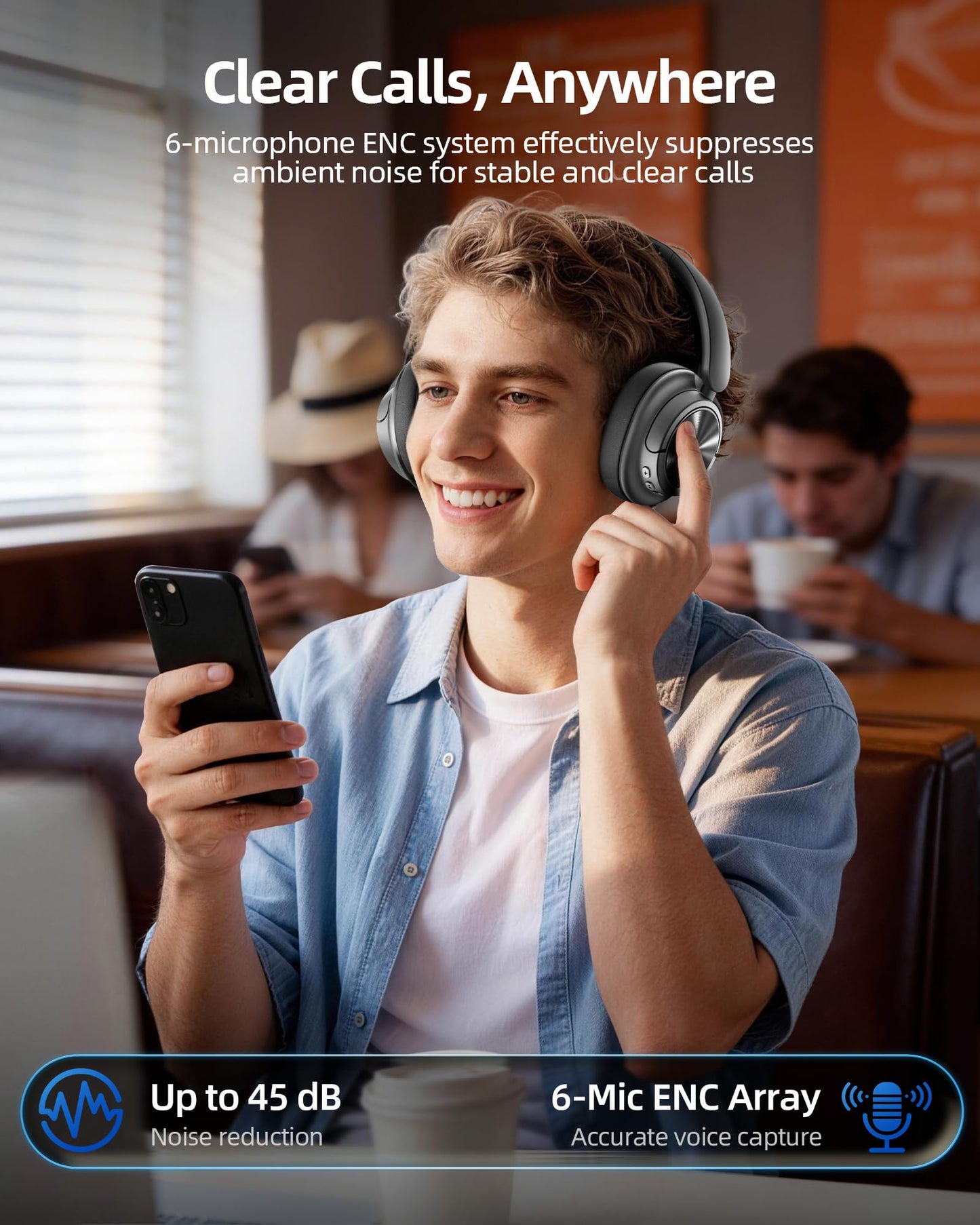 bmani Hybrid Active Noise Cancelling Headphones 120H Playtime Wireless Headphones Bluetooth 6.0 Over Ear Headphones with 6 ENC HD Call Mic, 360° Spatial Audio ANC Headphone for Travel Workout (Gary)