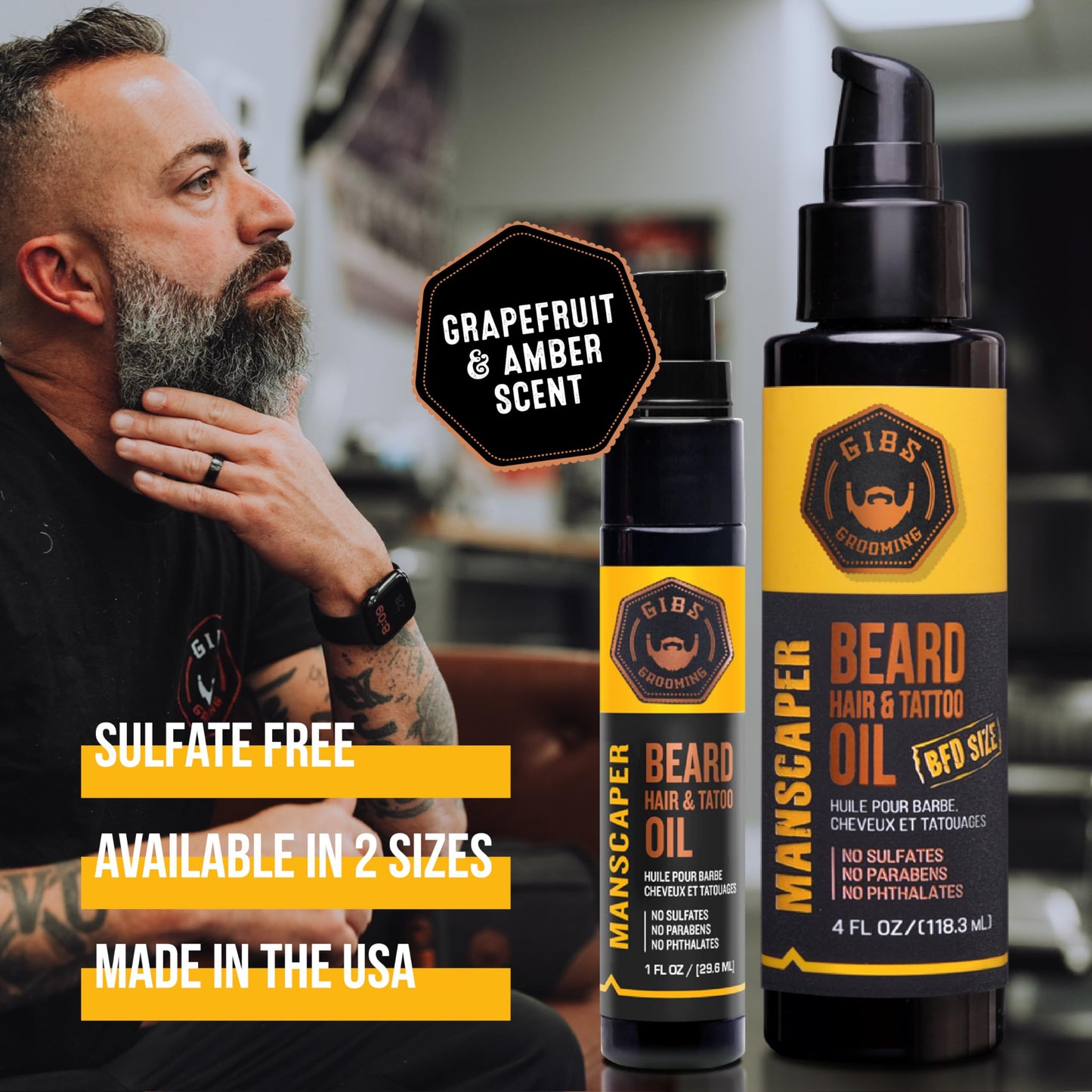 GIBS Grooming - Manscaper Beard, Hair & Tattoo Oil (1 fl oz) - Softens, Strengthens, Protects - Skin Moisturizer - Vitamin C - UV Shield - Travel Size - Beard Oil, Hair Care, Skin Care - Made in USA