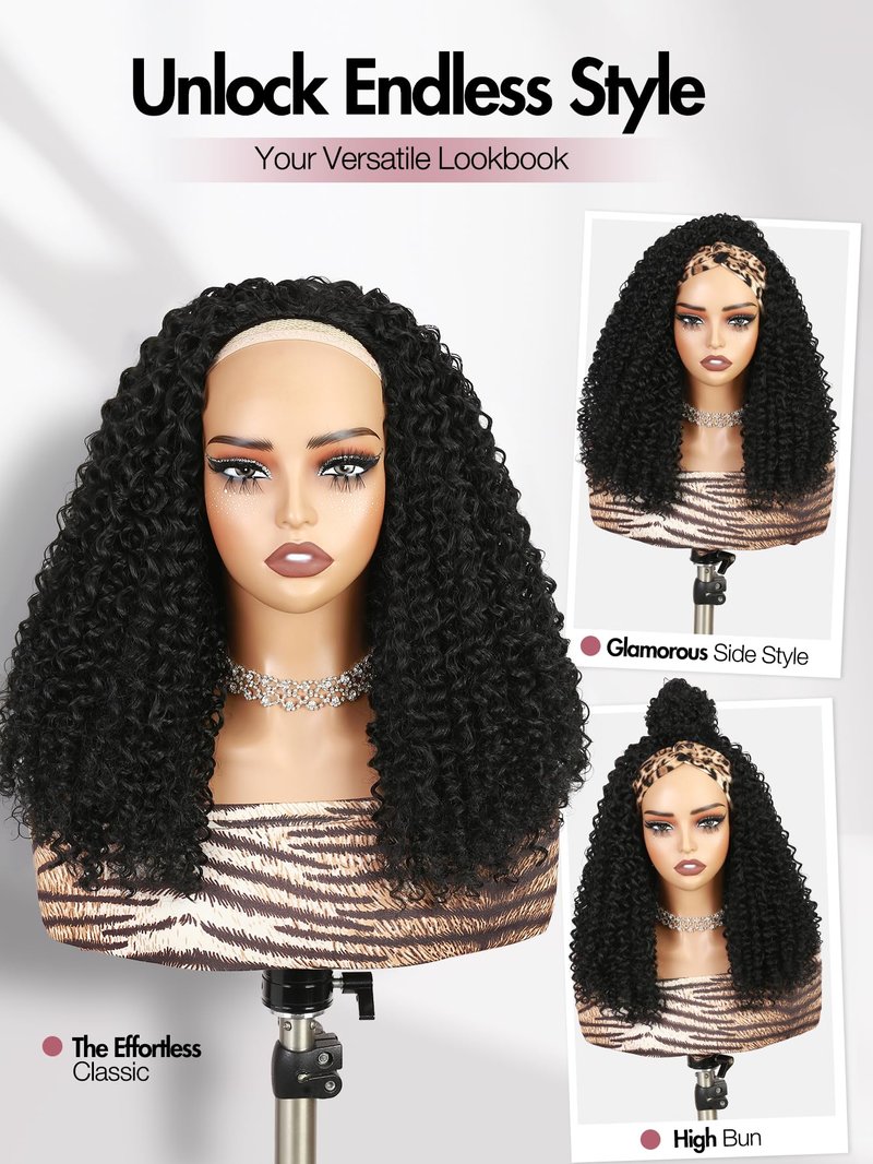 quickwig Curly Half Wig Water Wave Glueless Wigs 3 In 1 Seamless Short Half Wigs for Black Women Kinky Curly Half Wig Wear and Go Beginner Friendly Synthetic Headband Wig 16 Inch Black Color