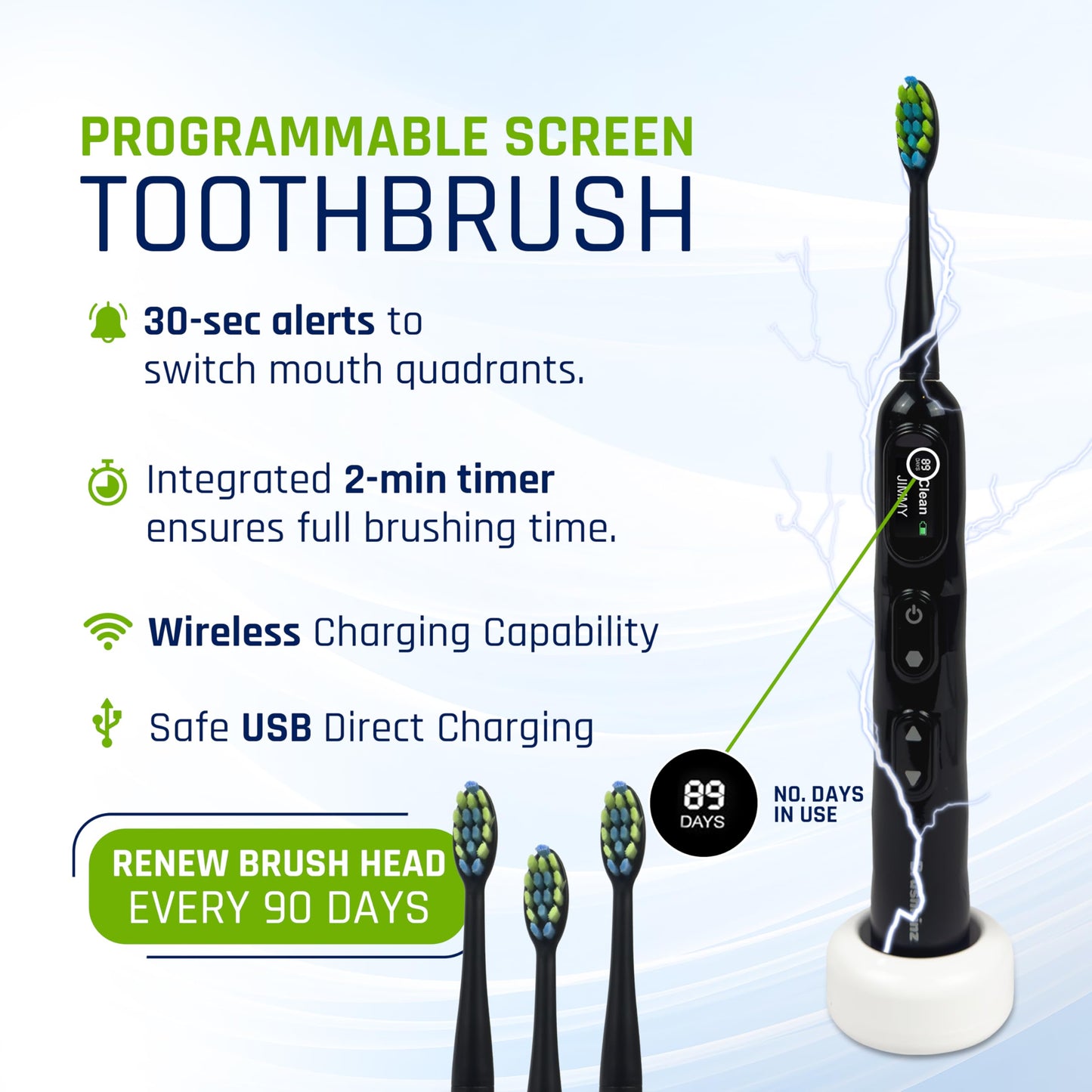 BRUSHKINZ Electric Toothbrush for Adults, Battery Operated Rechargeable Sonic Toothbrush, Travel Tooth Brush Set with 4 Replacement Toothbrush Heads & Case, Wireless Charging Lasts 90 Days, Purple