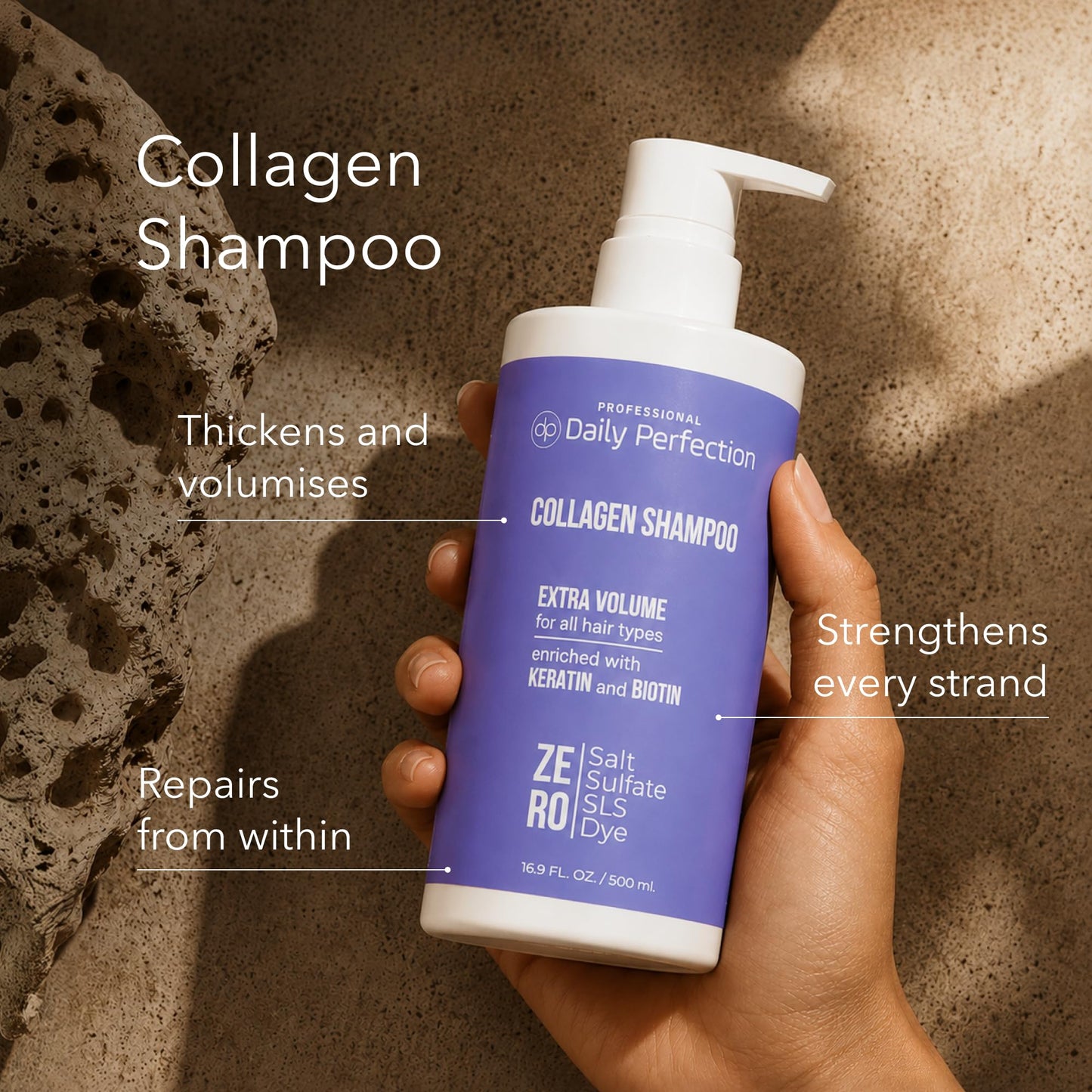 Daily Perfection Collagen Volumizing Shampoo - Extra Volume Daily Cleanser with Biotin and Keratin for All Hair Types - Salt, Sulfate and Paraben Free - 16.9 Fl Oz