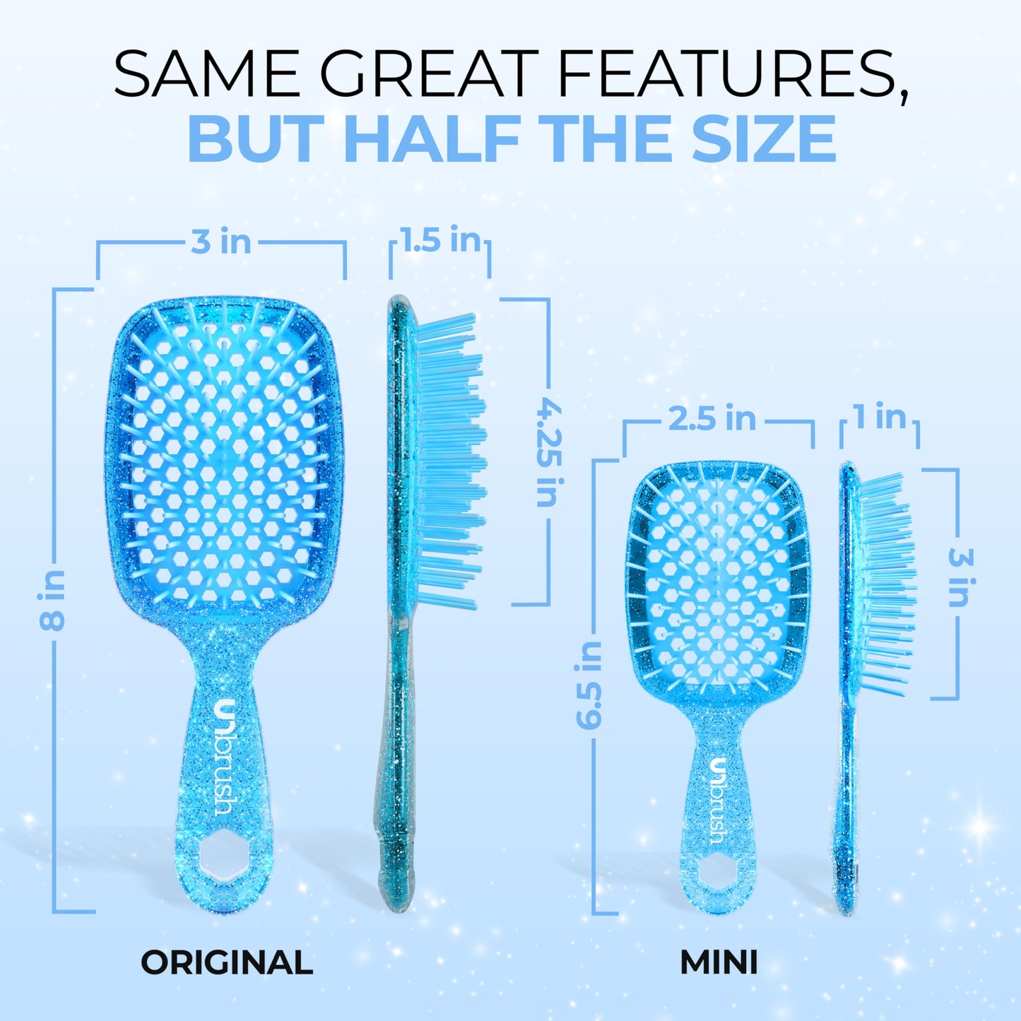 FHI Heat UNbrush Mini Detangler Brush for Pain-Free Brushing on All Wet or Dry Hair Types — Durable Duoflex Anti-Static Bristles, Lightweight Handle, Vented Mini Hair Brush, Sapphire Blue
