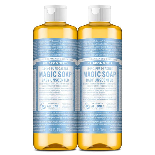 Dr. Bronner's Pure-Castile Magic Liquid Soap (Baby Unscented, 16 Ounce, 2-Pack)- Made with Regenerative Organic Certified Oils, For Face, Hair, Hand & Body Soap, Laundry, Pets- Concentrated, Vegan