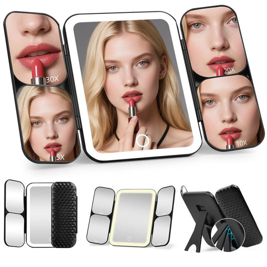 saiggnyy 5-in-1 Led Vanity Makeup Mirror,1X Full Face & 5x/10x/20x/30x Times Magnification for Close-up Makeup, Compact Travel Magnifying Mirror with Light, Trifold Mirrors with Stand (Cool Black)