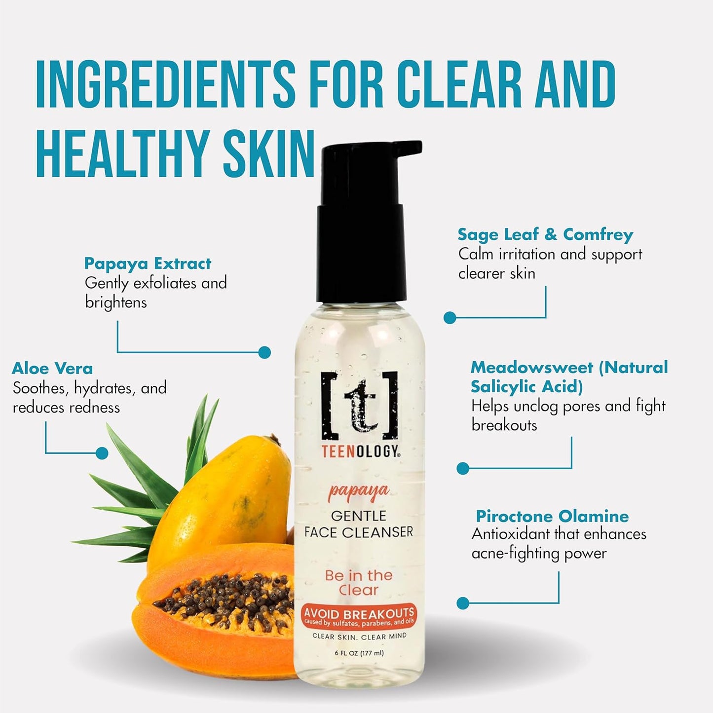 Gentle Face Cleanser for Teens - Natural Botanical Extracts for Clear Skin | 6 oz - Fresh Papaya