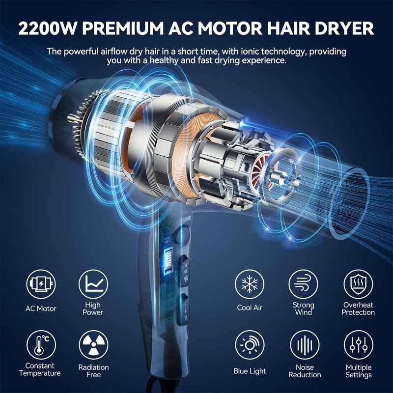 WADODO Ionic Hair Dryer, 2200W Professional Blow Dryer Fast Drying Travel AC Motor Constant Temperature Low Noise Ion Dryers Curly Care Hairdryer Blowdryer for Women Men