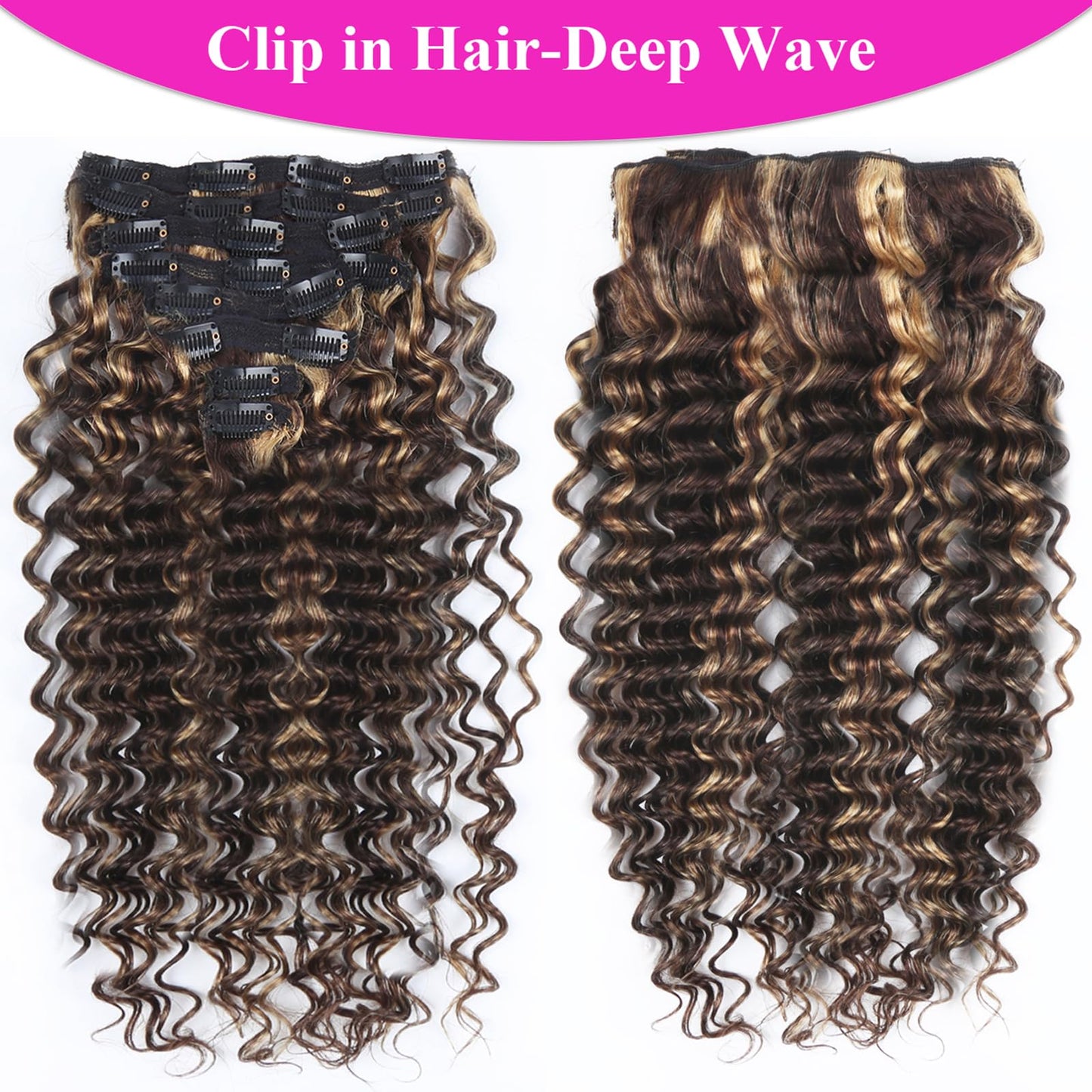 Curly Clip in Hair Extensions Real Human Hair 16inch 100g Invisible & Seamless 100% Brazilian Remy Human Extension Deep Wave Clip ins Extensions Double Weft 8 PCS with 20 Clips Highlight P427