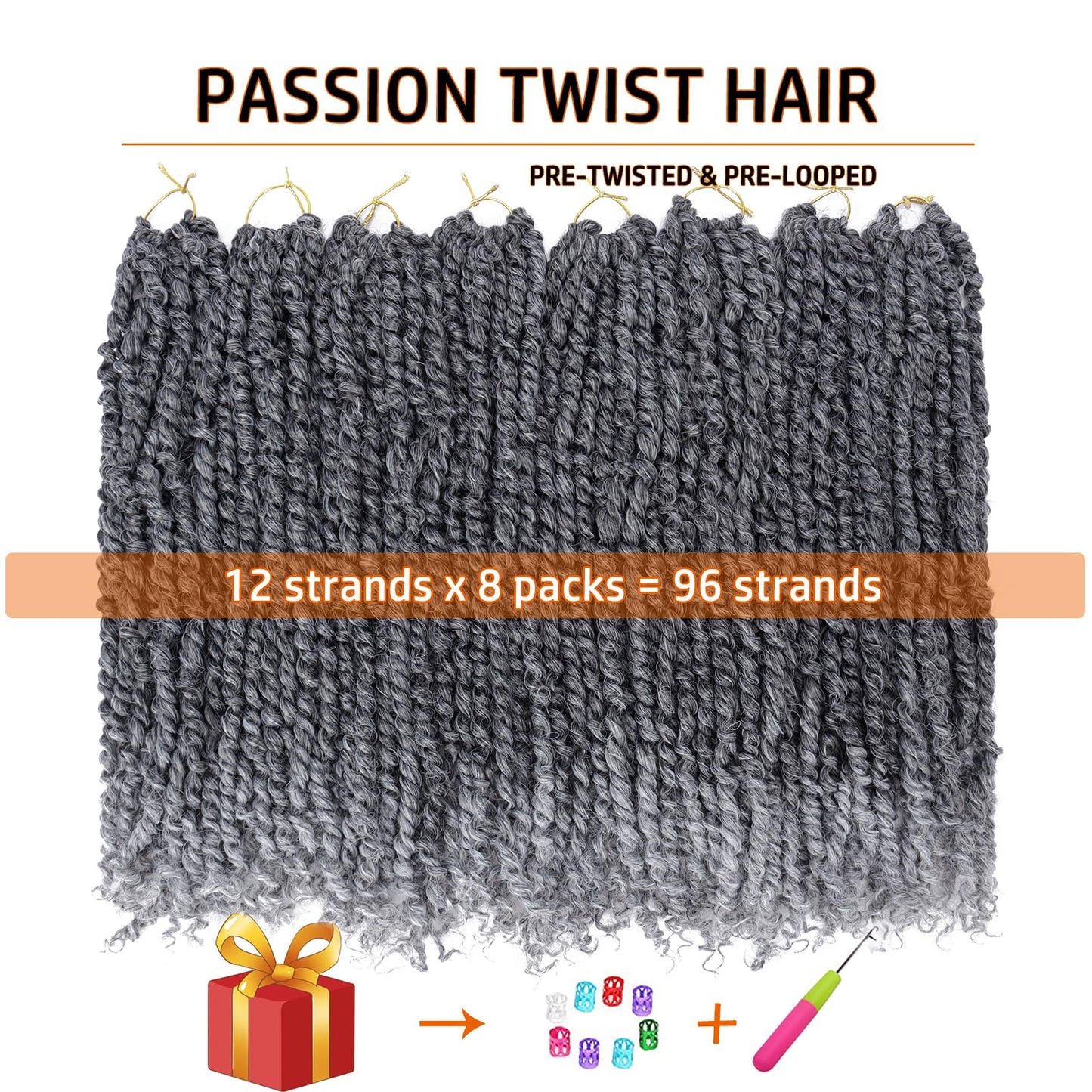 Passion Twist Hair 18 Inch Pre-twisted Passion Twist Crochet Hair for Women Pre-looped Water Wave Crochet Braids Bohemian Curly Crochet Hair Synthetic Hair Extensions 8 packs 1B/Gray