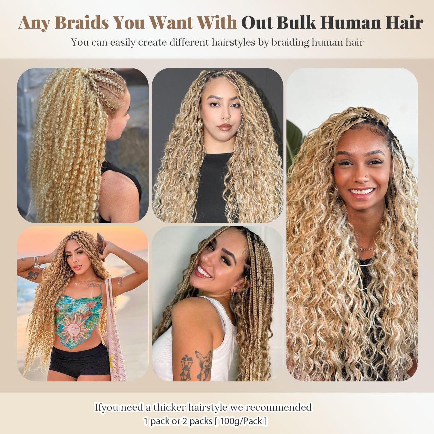 Ombre 27/613 Blonde Human Braiding Hair 18 Inch Water Wave Bulk Human Hair 100g Deep Curly Honey Blonde to Bleached Blonde Highlight Human Hair Extensions for Boho Braids Hair No Weft for Women
