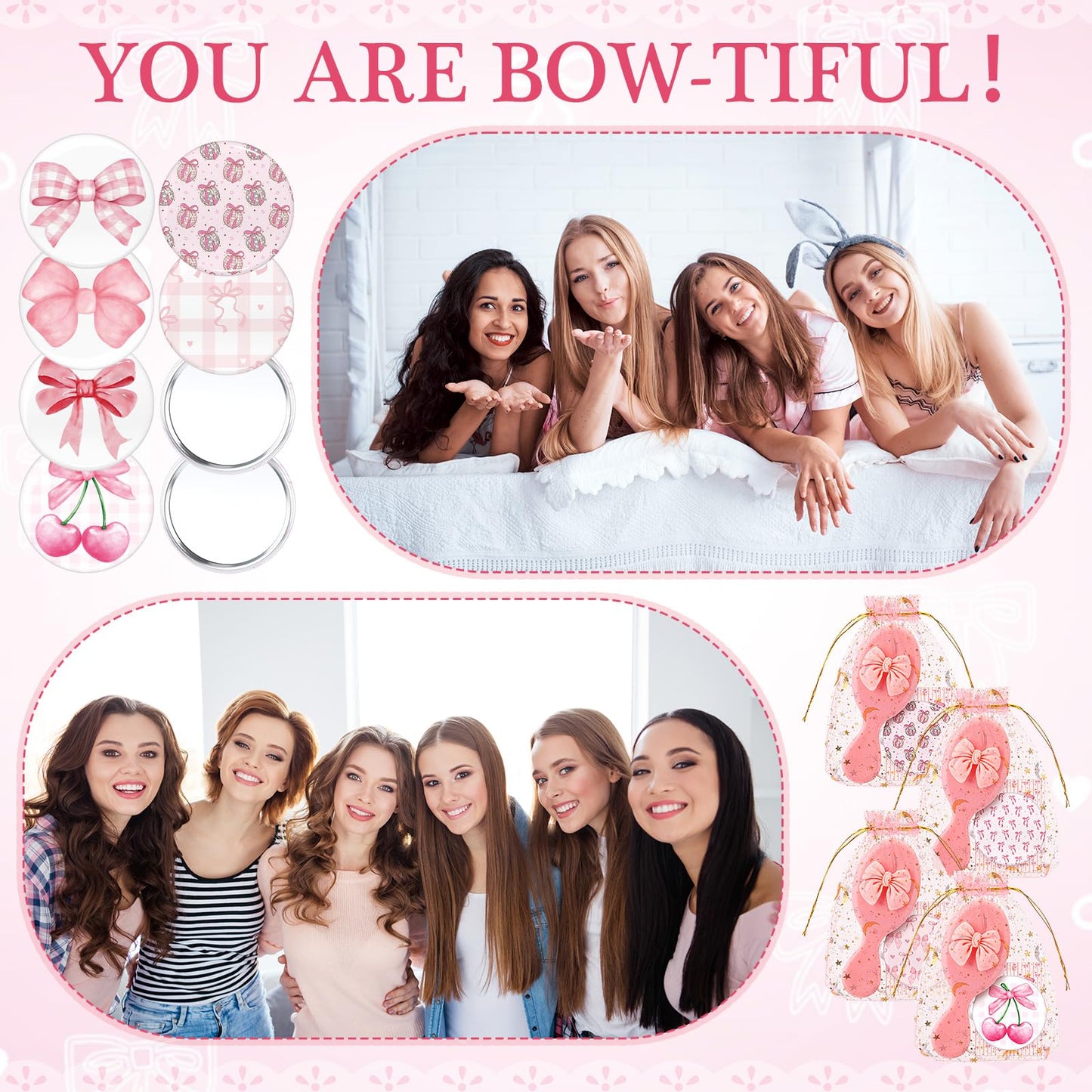 Ferrochef 48 Pcs Bow Themed Party Favors Gifts Bownot Mini Hair Brush Comb Bow Compact Mirror with Inspirational Cards Gift for Girls Princess Coquette Baby Shower Birthday Party(Cute,Pink)