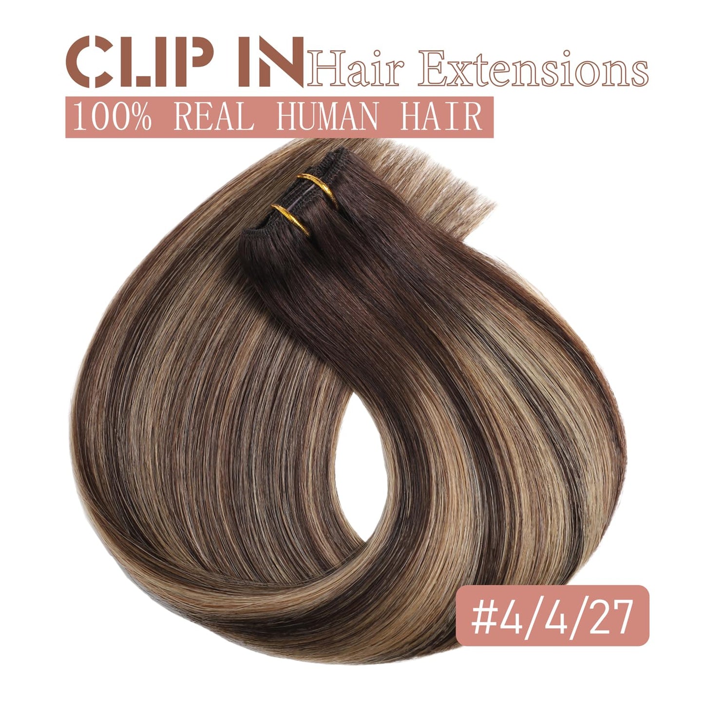 Hair Extensions Real Human Hair Clip in Hair Extensions Straight Remy Human Hair Extensions Clip ins Chocolate Brown to Caramel Blonde Clip in Extensions for Women Double Weft 16 Inch 5pcs
