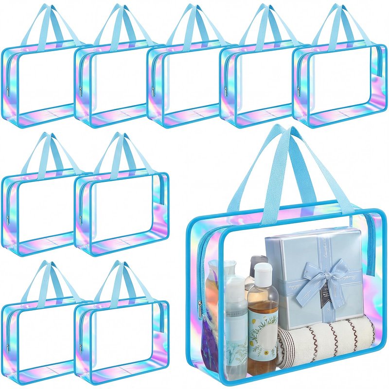 Sweetude 10 Pcs Large Clear Toiletry Bag with Handle Large Capacity Travel Iridescent Beach Makeup Bag PVC Clear Plastic Tote Punch Cosmetic Clothes Storage Organizer for Women Men (Blue)