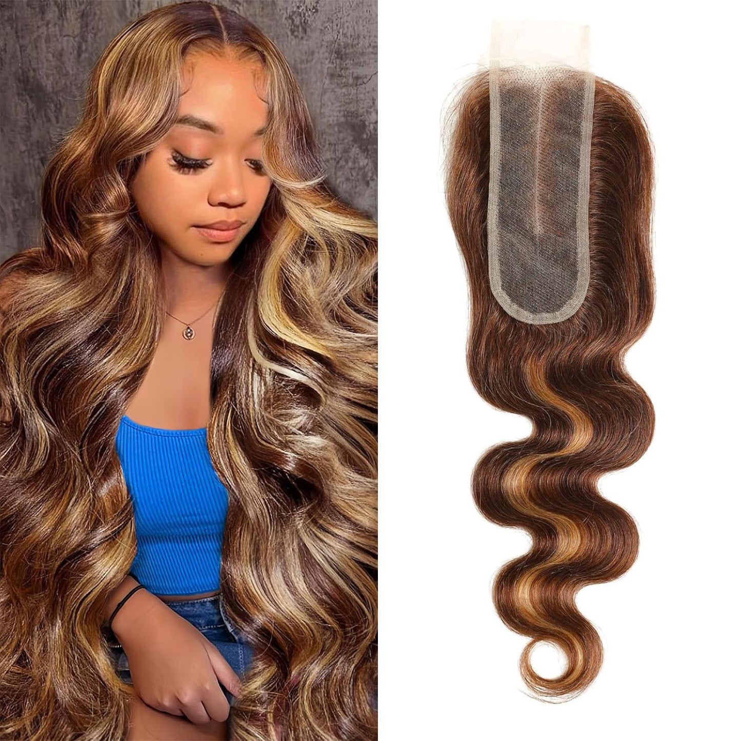 2x6 HD Lace Closure P4/27 Highlight Body Wave Transparent 2 by 6 HD Lace Closure Human Hair 10 Inch Brazilian Virgin Unprocessed Middle Part Closure