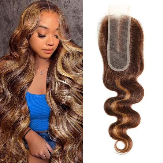 2x6 HD Lace Closure P4/27 Highlight Body Wave Transparent 2 by 6 HD Lace Closure Human Hair 10 Inch Brazilian Virgin Unprocessed Middle Part Closure