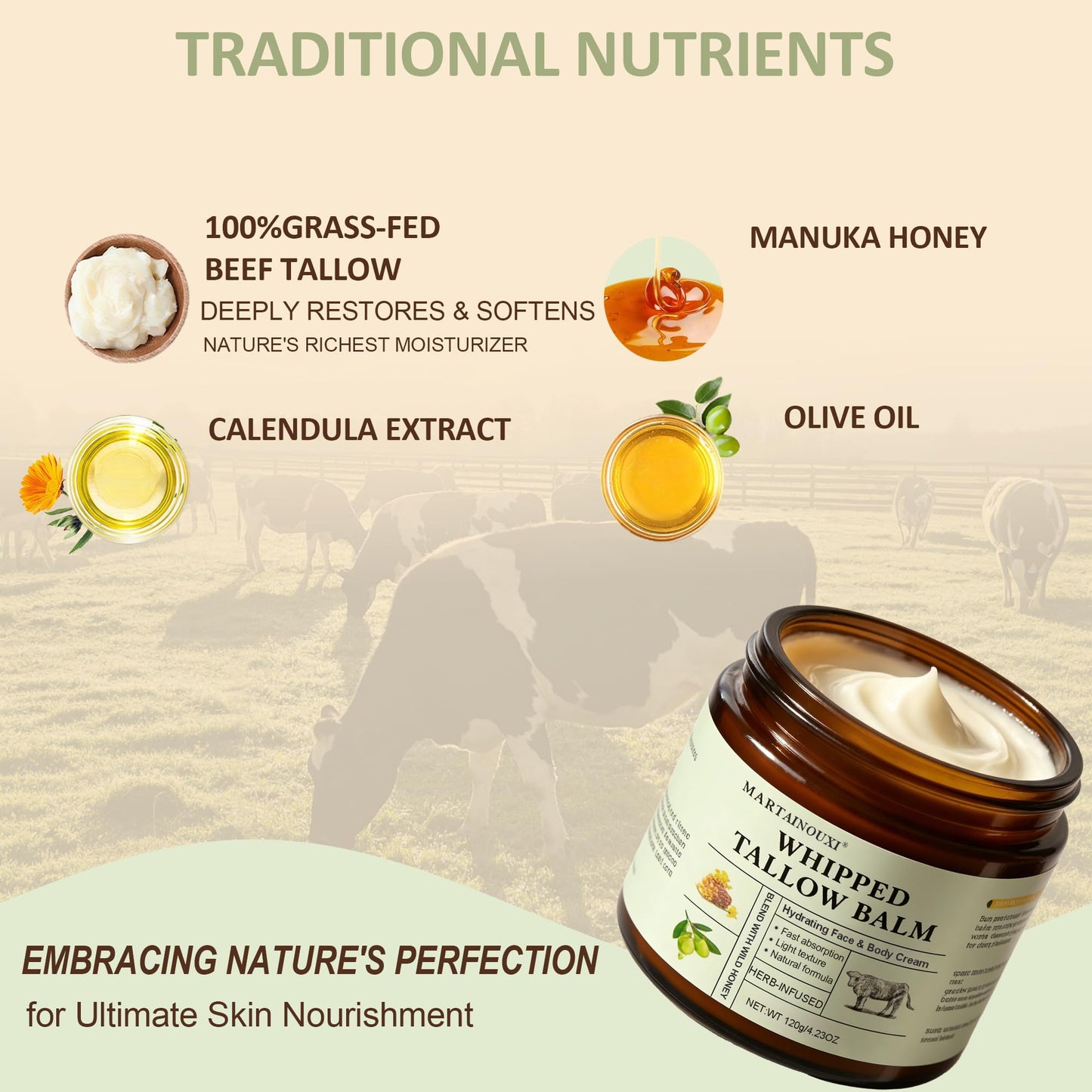 Beef Tallow Face Moisturizer - Tallow and Honey Balm with Orange Blossom, Intensely Hydrating for Dry Skin, Natural Whipped Cream for Face & Body, in Glass Jar, 4.23 oz (120g)