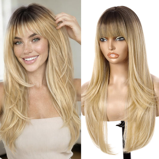 Nnzes Ombre Blonde 26-inch Long Wig with Bangs for Women - Straight Layered Style, Realistic Scalp, Freestyle Parting, Natural-Looking & Heat-Resistant Synthetic Hair for Daily and Party Use