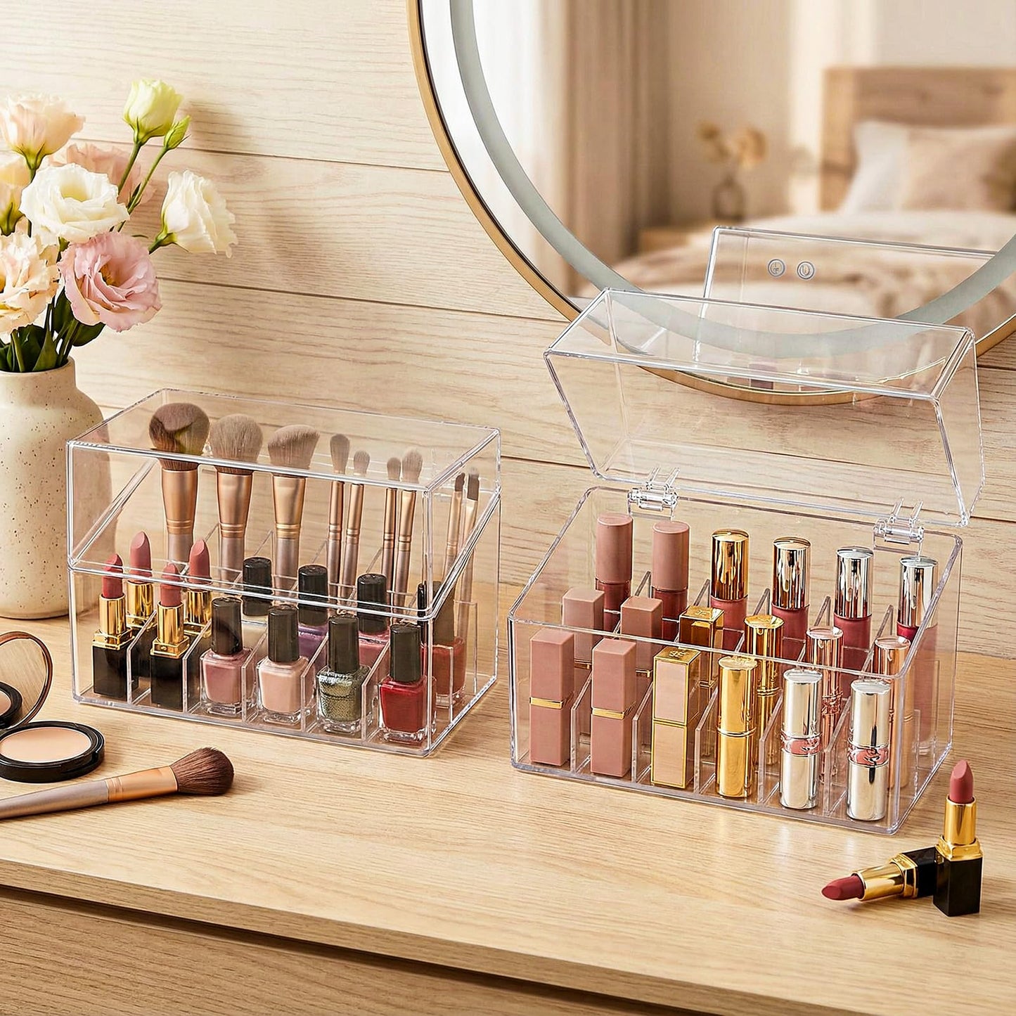 Foraineam 3 Pack Lipstick Holder Organizer with Lid, 18 Spaces Clear Acrylic Lipstick Display Stand Container, Dust-proof Beauty Makeup Storage Case for Cosmetic Dresser Vanity Cabinet Display