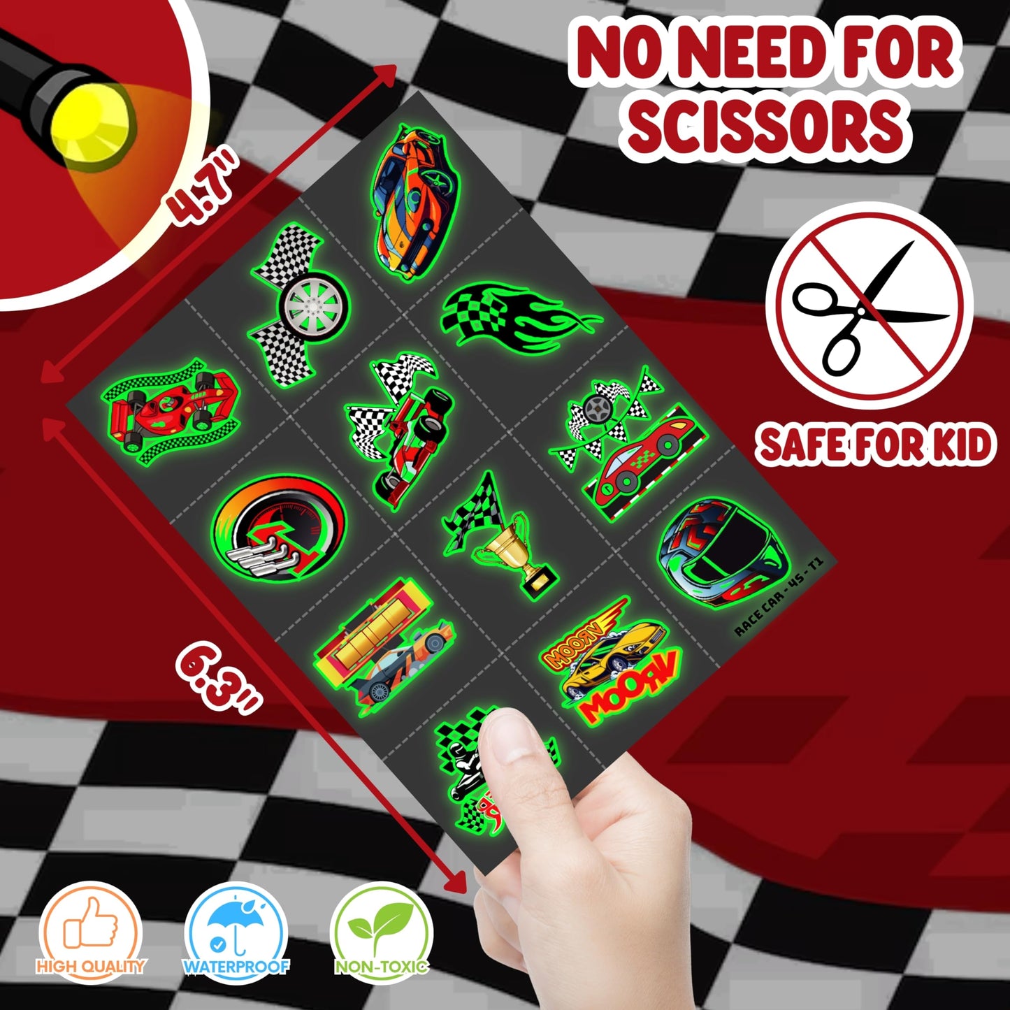 72 PCS Race Car Party Favors – 48 PCS Tattoos & 24 PCS LED Finger Lights Combo – Birthday Goodie Bag Fillers, Party Supplies, Gifts Light Up Toys Glow In The Dark for Boys and Girls