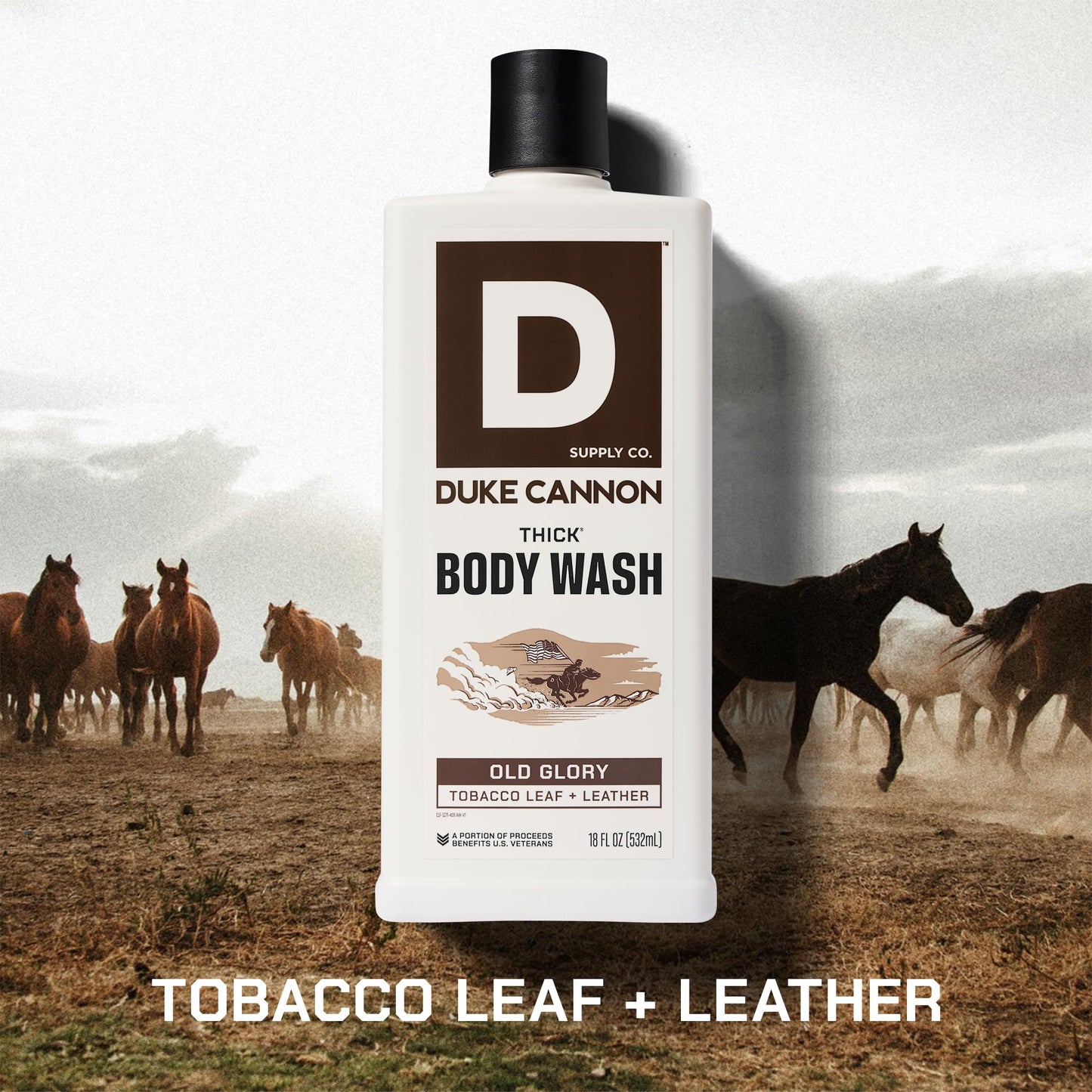 Duke Cannon Supply Co. Thick High Viscosity Body Wash – 3X Thicker, Cleansing Shower and Bath Gel, Mineral-Enriched for Men – Tobacco Leaf + Leather - Men’s Body Scrub – Old Glory Scent