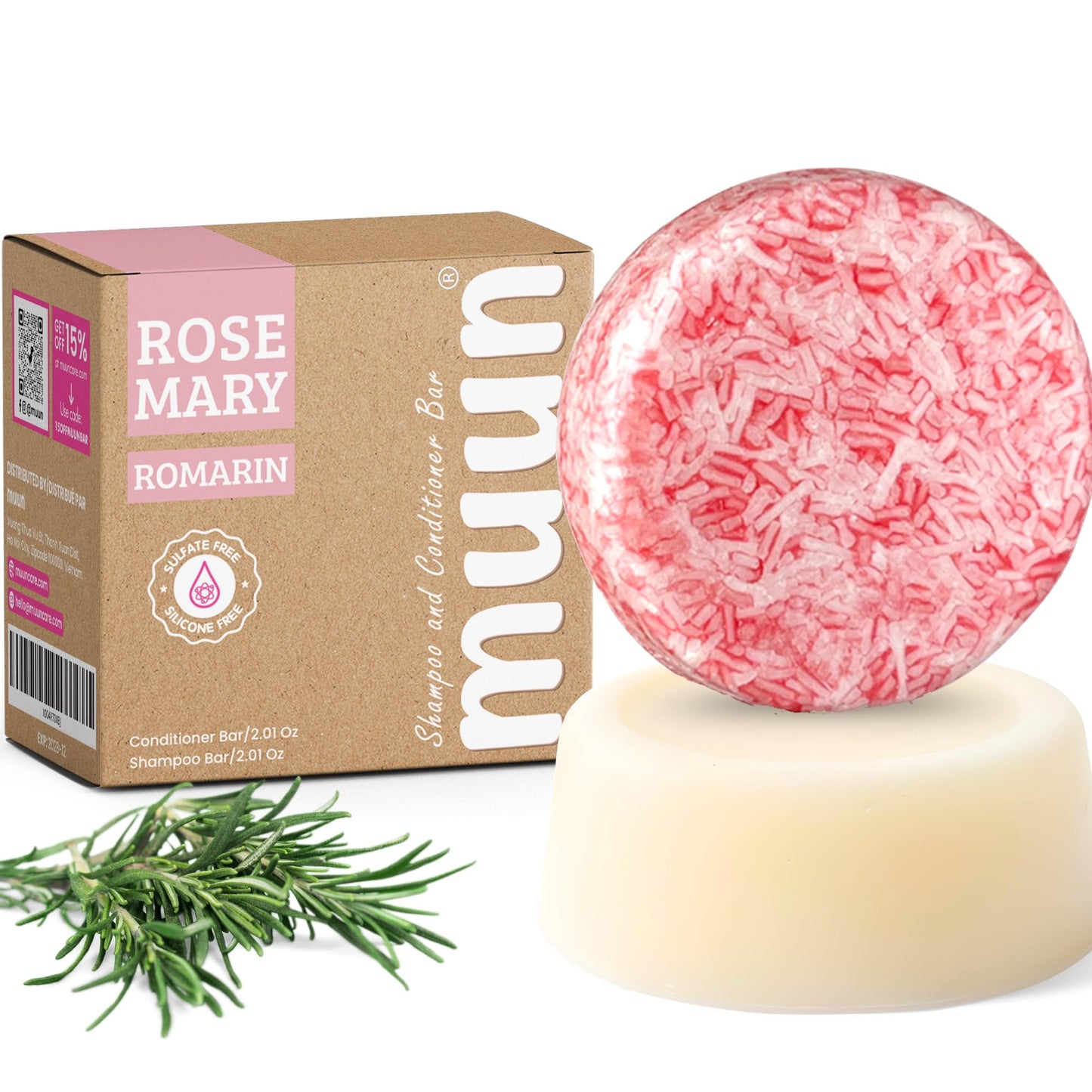 Muun Rosemary Shampoo and Conditioner Bar - Strengthening & Volumizing Solid Soap Bars, Clarifying Shampoo For Oily Hair & Scalp, pH Balanced, Sulfate & Silicone Free