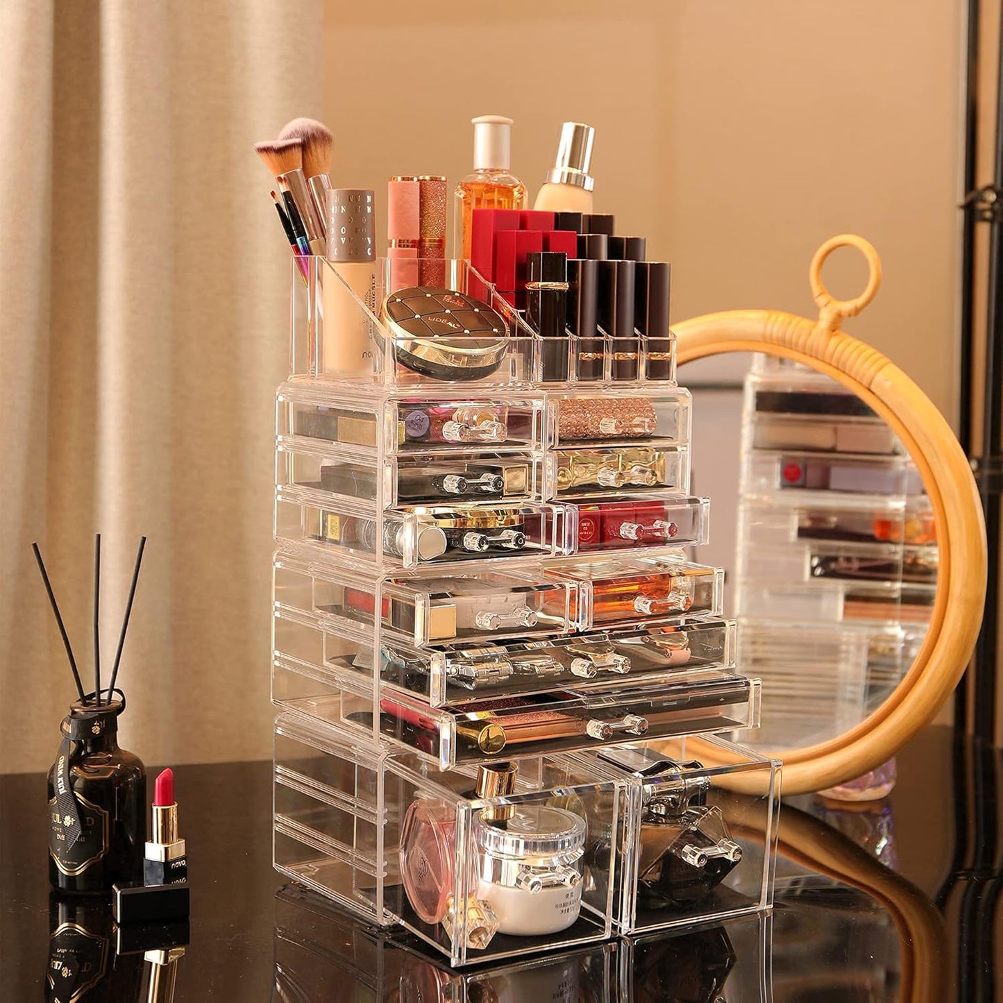 Clear Acrylic Makeup Organizer - 4 Pack Stackable 12 Drawer Skincare Storage | Cute Vanity Organizer for Hair Clips, Jewelry & Beauty Products