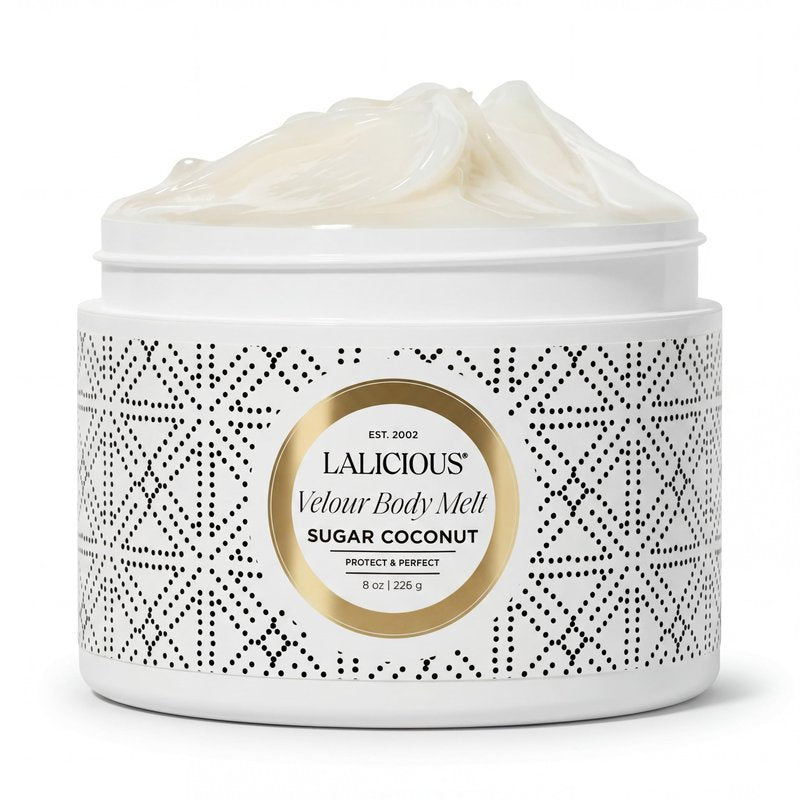 LaLicious Sugar Coconut Velour Body Melt | Multitasking Balm-to-Oil Skin Moisturizer with Macadamia Oil & Coconut Oil | Shave Gel, Hair/Scalp/Hand/Foot Mask | Help Prevent Stretch Marks 8oz