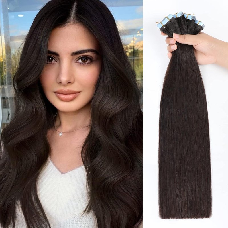 Tape In Hair Extensions - 100% Real Human Hair, Straight Dark Brown - 20 Inch, 50g, Seamless Weft for Women