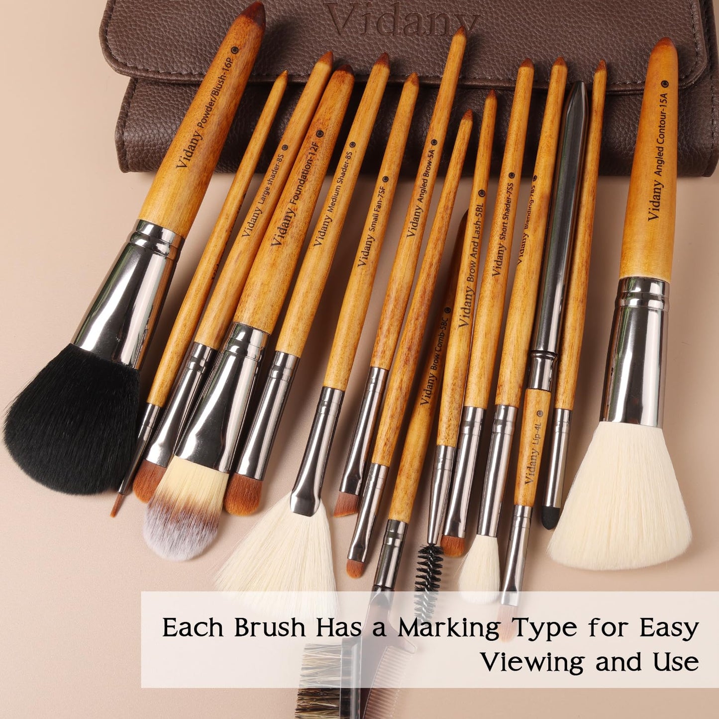 Vidany Makeup Brush Set,15pcs Walnut Wooden Makeup Brushes With Leather Button Bag, Professional Makeup Brushes For Foundation Concealer Kabuki Blush Eyeliner Shadow Brow, Makeup Brush Sets & Kits