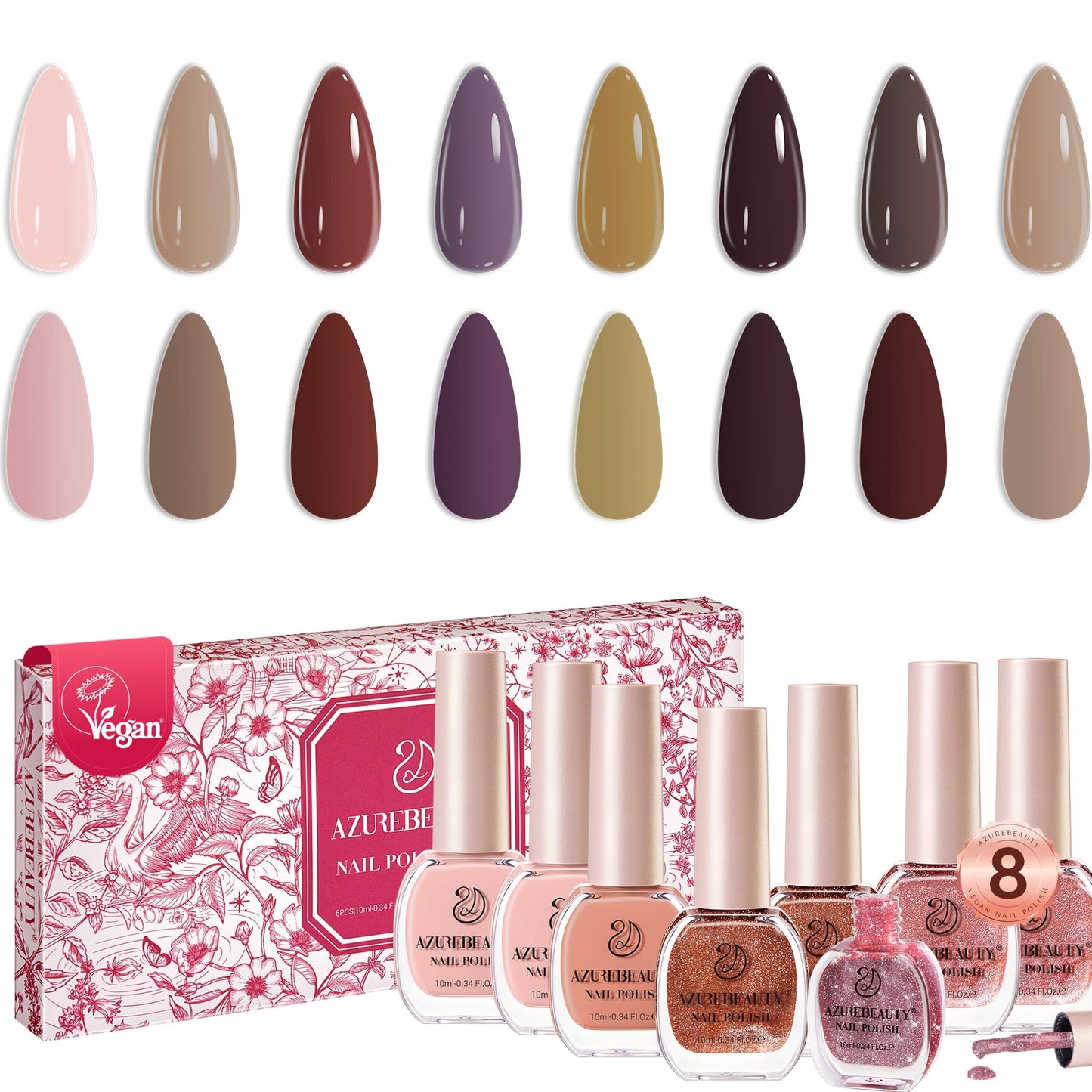 AZUREBEAUTY Brown Nude Nail Polish Set, Fall Winter Quick Dry Natural Nail Lacquer Strengthening Treatment Kit with Top Coat DIY Salon at Home