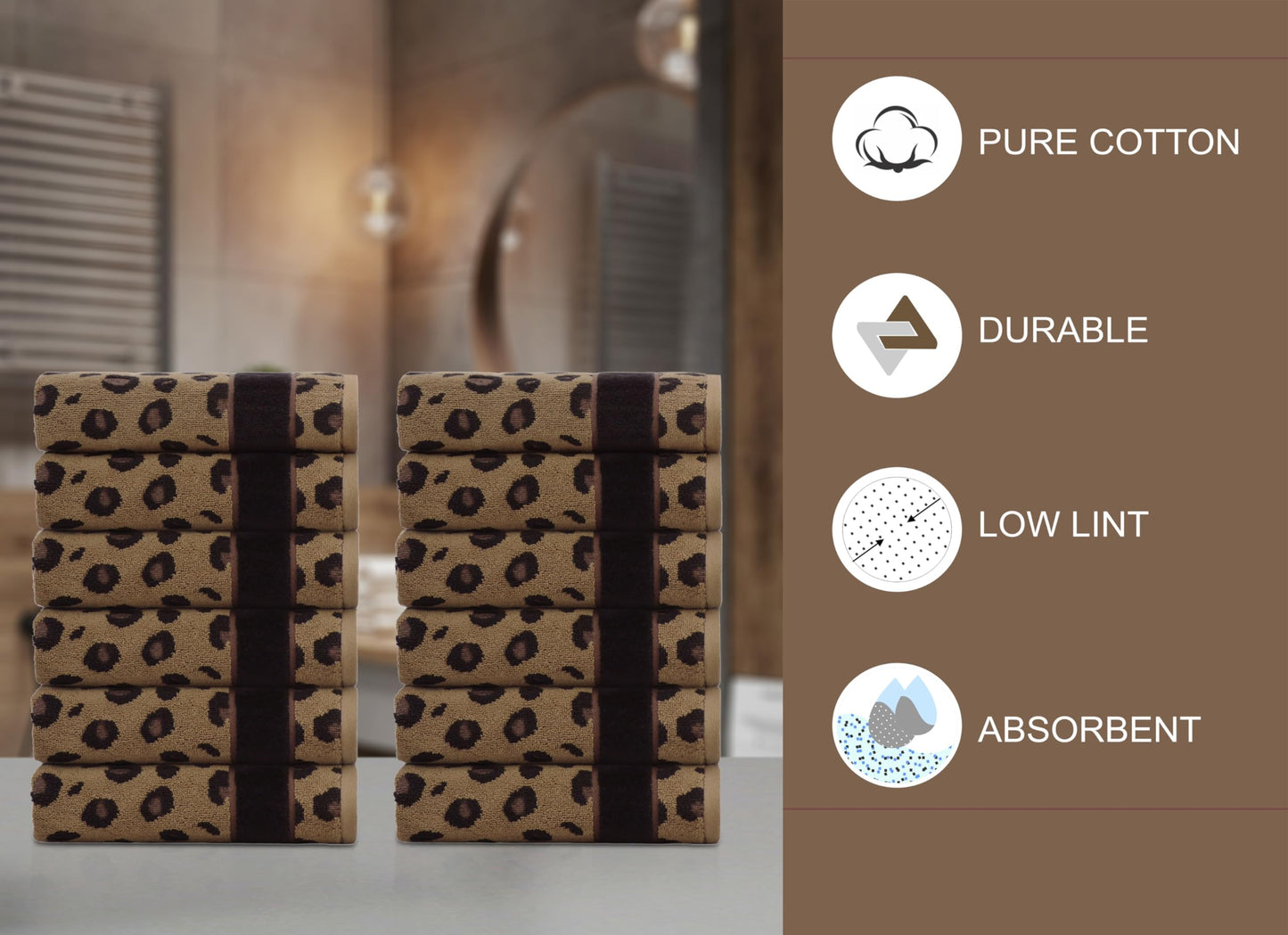 COTTON CRAFT Wash Cloth - Set of 12 Animal Print Safari Decorative Washcloth - 100% Cotton Jacquard Bathroom Face Towel Set - Super Soft Quick Dry Absorbent Luxury Guest Towel - Easy Care - 12 x 12