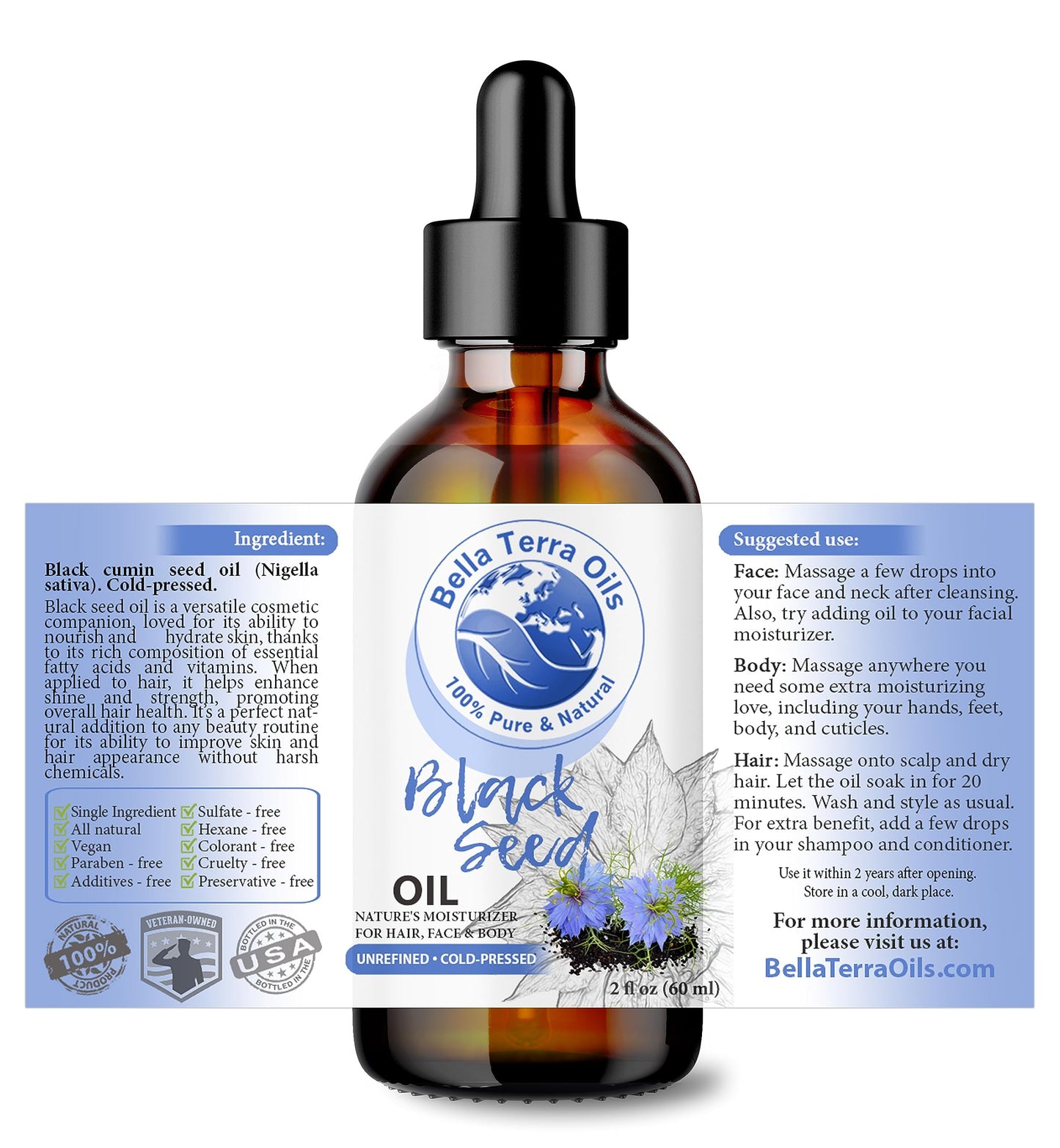 Bella Terra Oils - Black Seed Oil 16oz - Purity from Black Cumin Seeds, Bursting with Omega Fatty Acids & Vitamins, Enhance Your Beauty Regimen