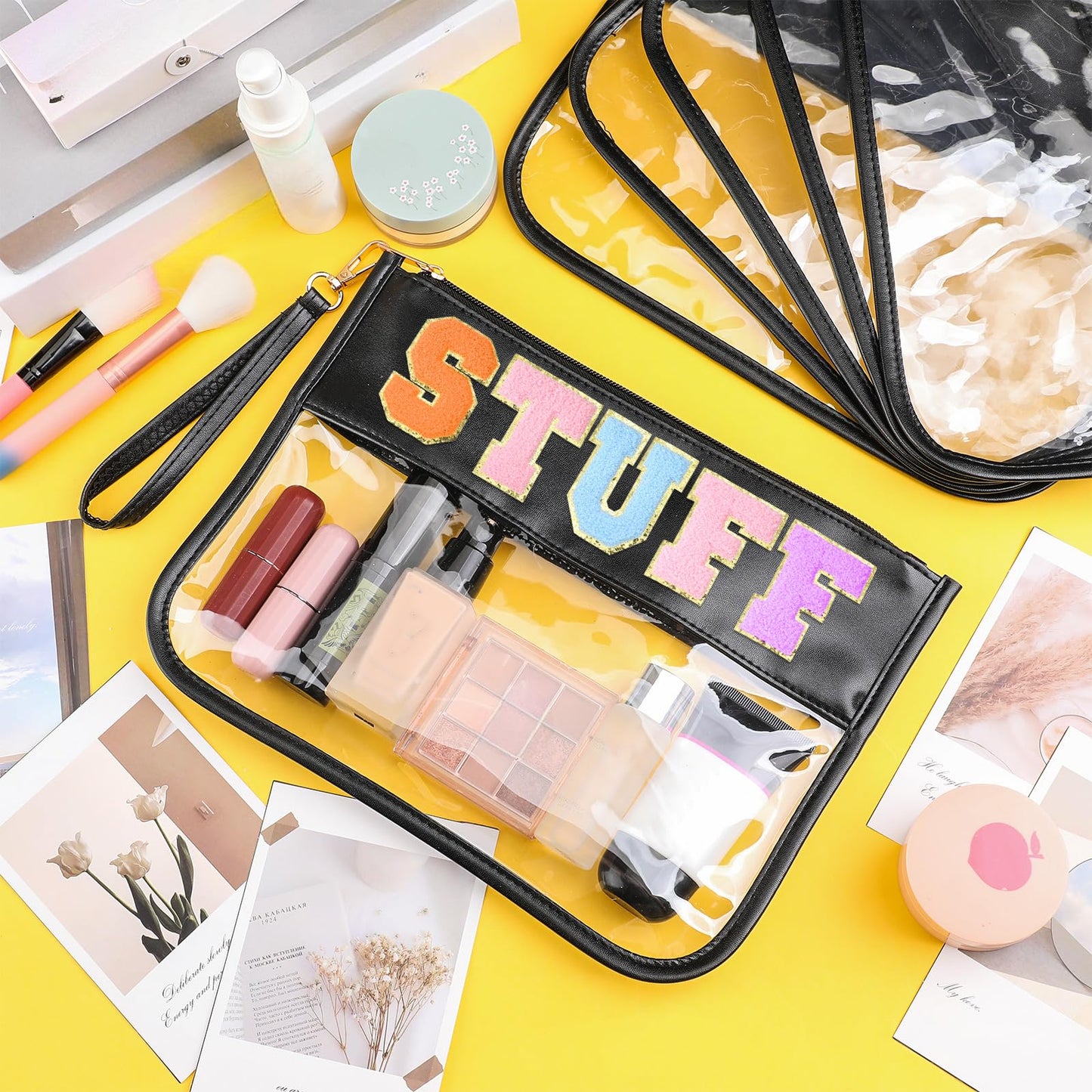 Paterr 6 Pcs Preppy Clear Flat Makeup Bag Pouch for Travel with Zipper PVC Waterproof Snack Bag Accessories DIY Cosmetic Travel Toiletry Purse for Women Girls(Black)