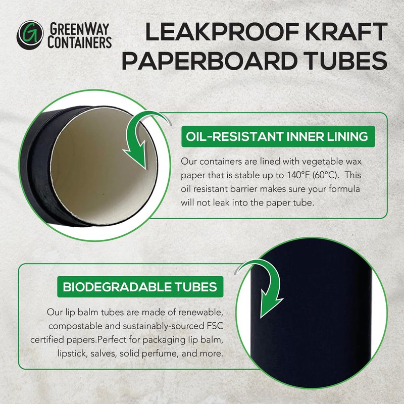 GreenWay 0.15oz / 4.25g Kraft Paperboard Lip Balm Tubes with Lids - 25 Pack Lip Gloss Tubes Refillable DIY Cosmetic Containers – Extra Thick Push-Up Bottom Lip Balm Containers - Black
