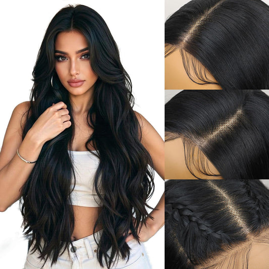 Kurope Black 13x4 Synthetic Lace Front Wig Long Wavy Wigs26inch Pre-Plucked Hairline and Baby Hair Synthetic Wigs for Black Women