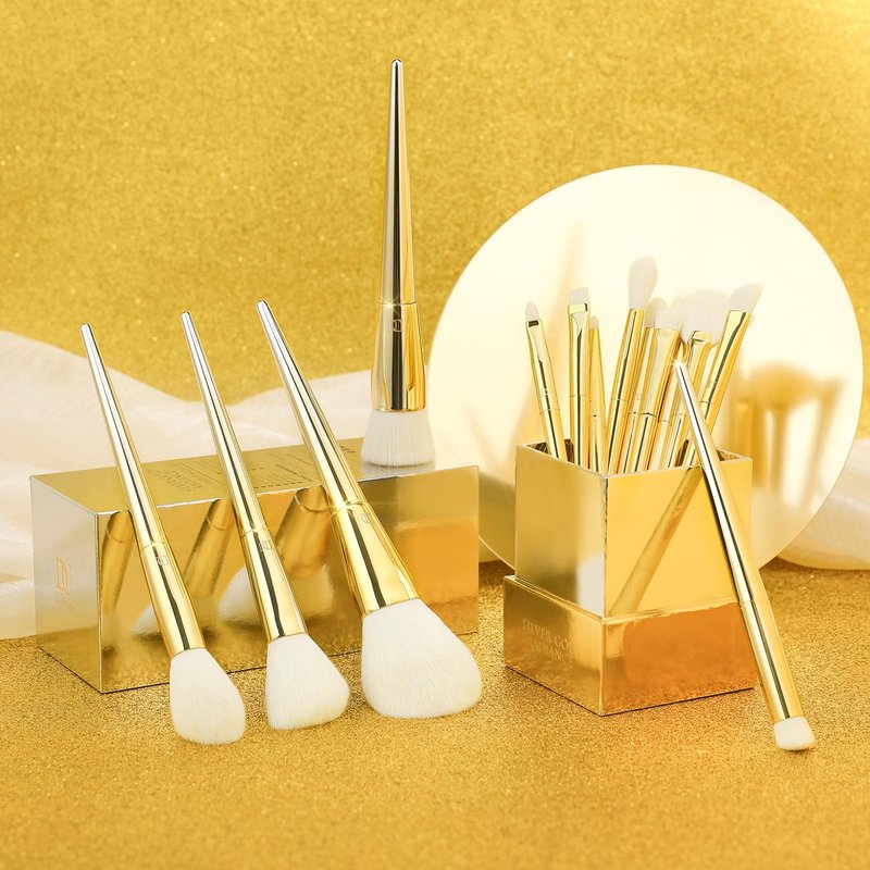 DUcare 15 Piece Professional Makeup Brush Set, Silver-Gold Radiance Synthetic Brushes for Full Face & Eye, Complete Cosmetic Kit with Reusable Storage Holder