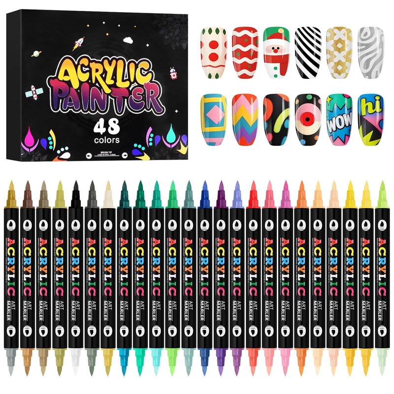 48 Color Nail Art Markers Set - Quick-Drying Waterproof Double-Headed Acrylic Paint Pens for DIY Nail Designs