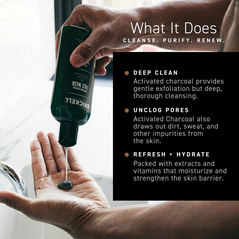 Brickell Men's Purifying Charcoal Face Wash for Men, Daily Facial Cleanser, With Charcoal, VItamin E, and Hyaluronic Acid, 8 Ounce, Scented
