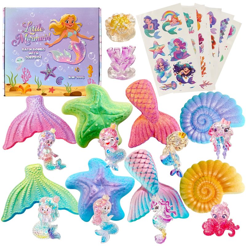 Clear&Fresh Mermaid Bath Bombs for Kids with Surprise Toys Inside, 9 Extra Large Bath Salts with Calming and Long-Lasting Scent, Natural Bubble Bath Bombs for Girls Sensitive Skin